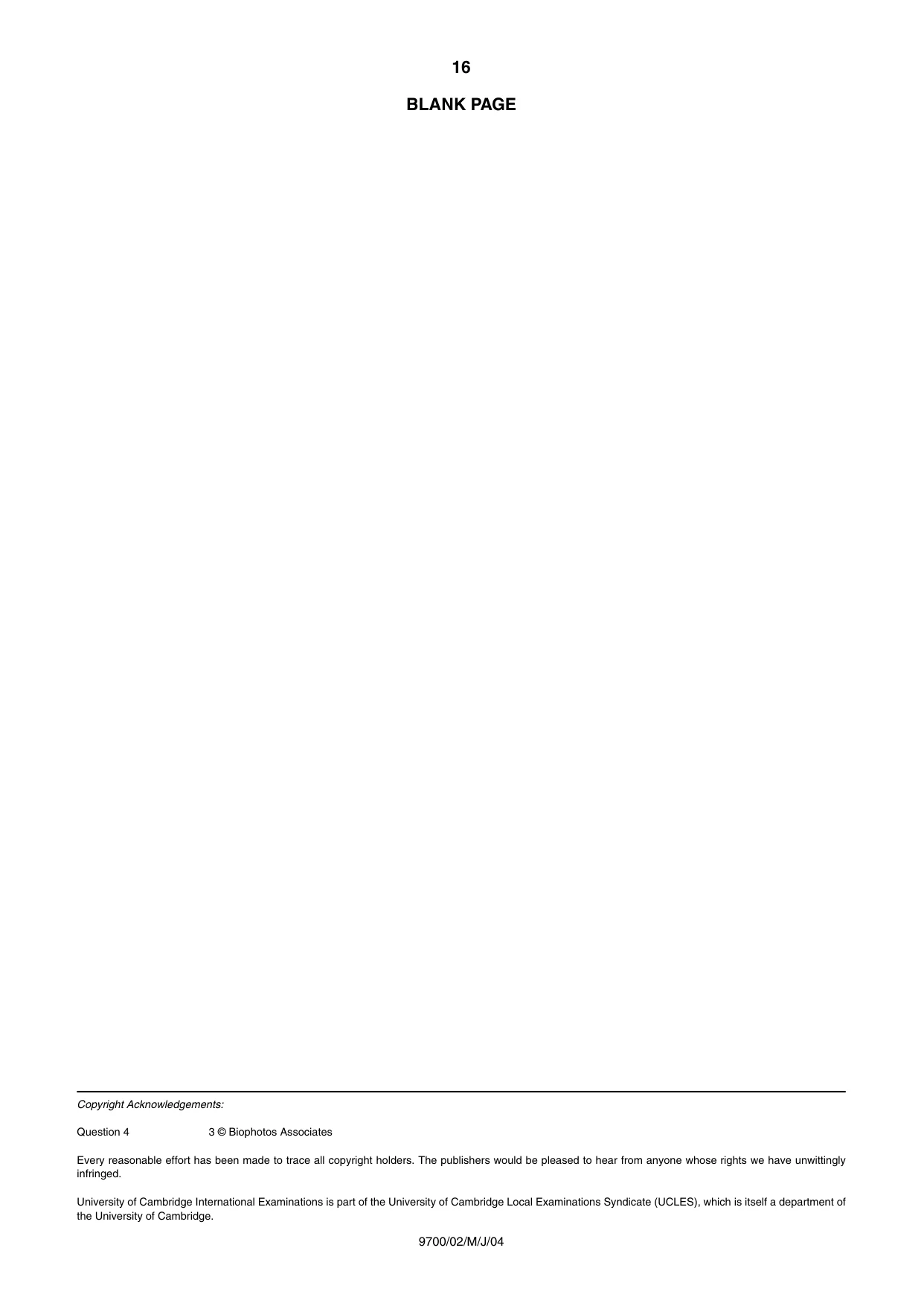 Cambridge A Level Biology 9700 2004 May/June Paper 2 · Variant 1 question paper, page 16 of 16