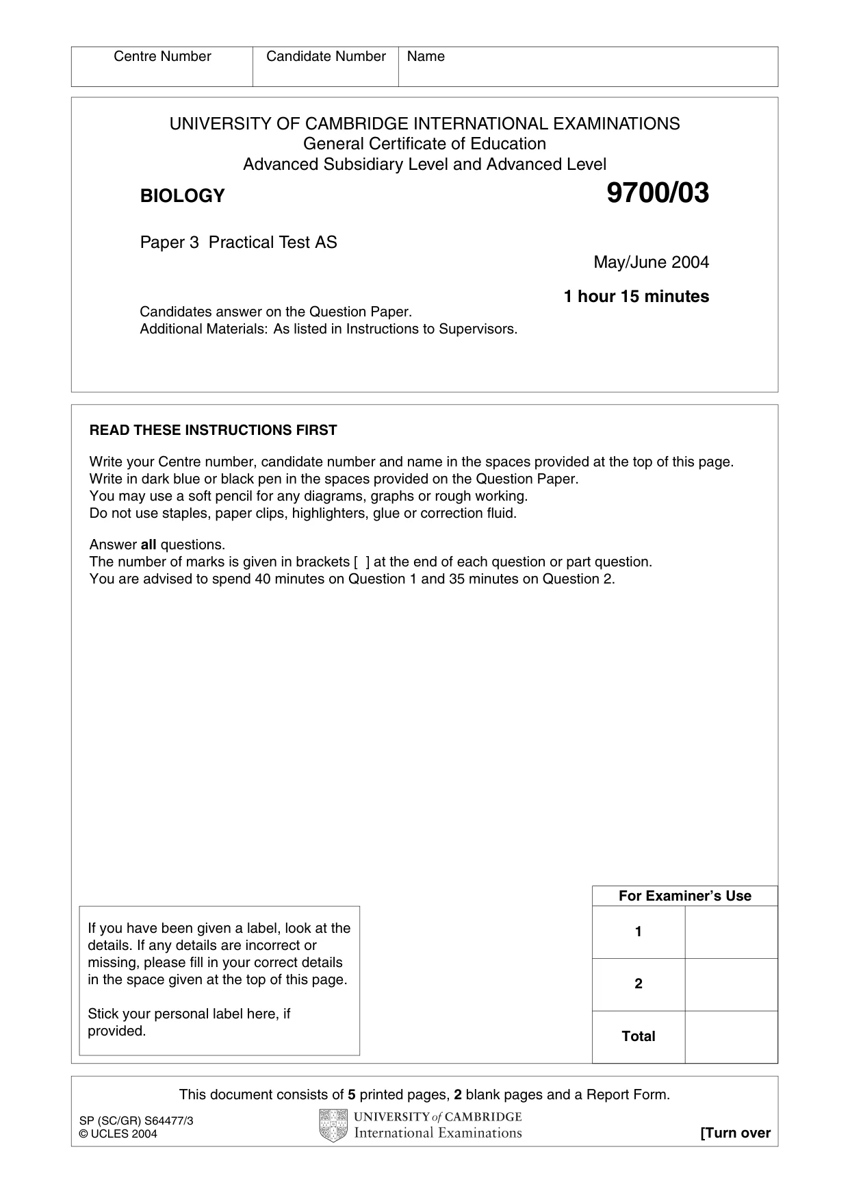 Cambridge A Level Biology 9700 2004 May/June Paper 3 · Variant 1 question paper, page 1 of 8
