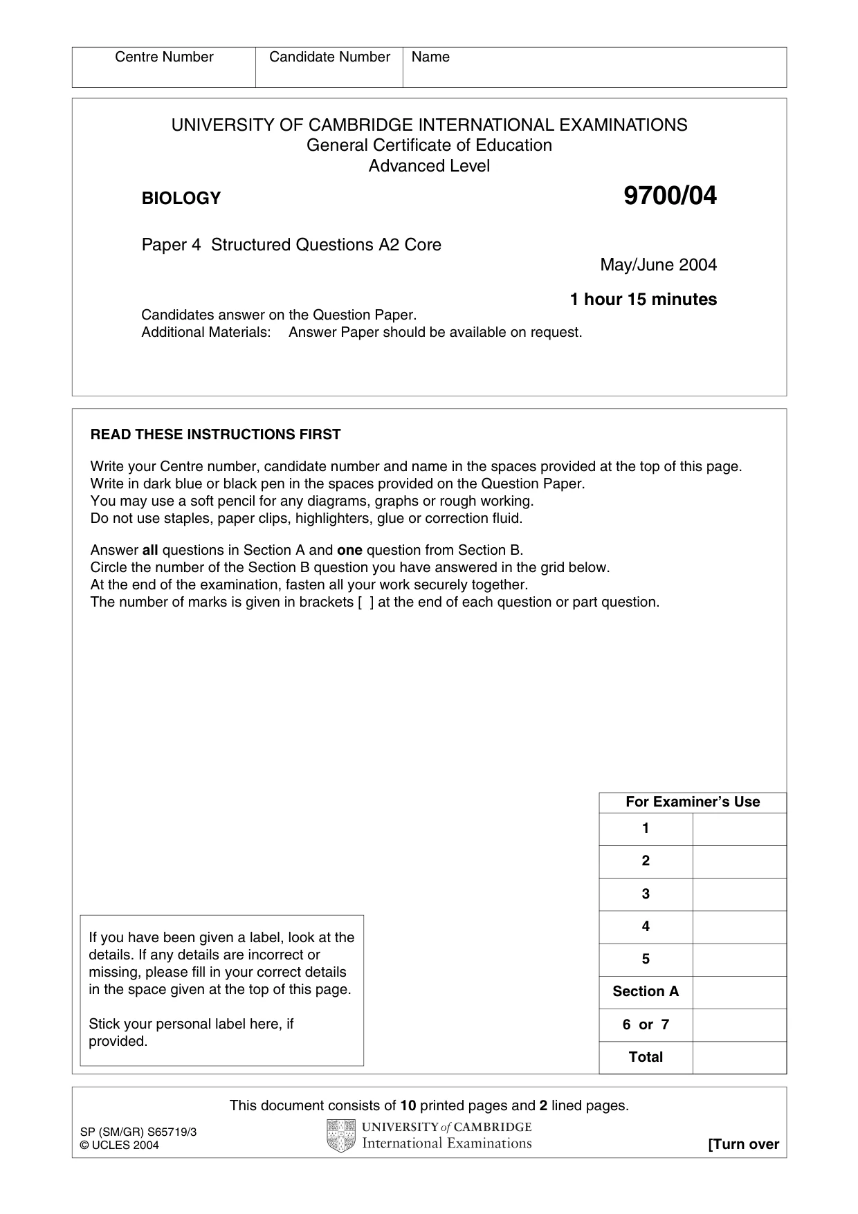 Cambridge A Level Biology 9700 2004 May/June Paper 4 · Variant 1 question paper, page 1 of 12