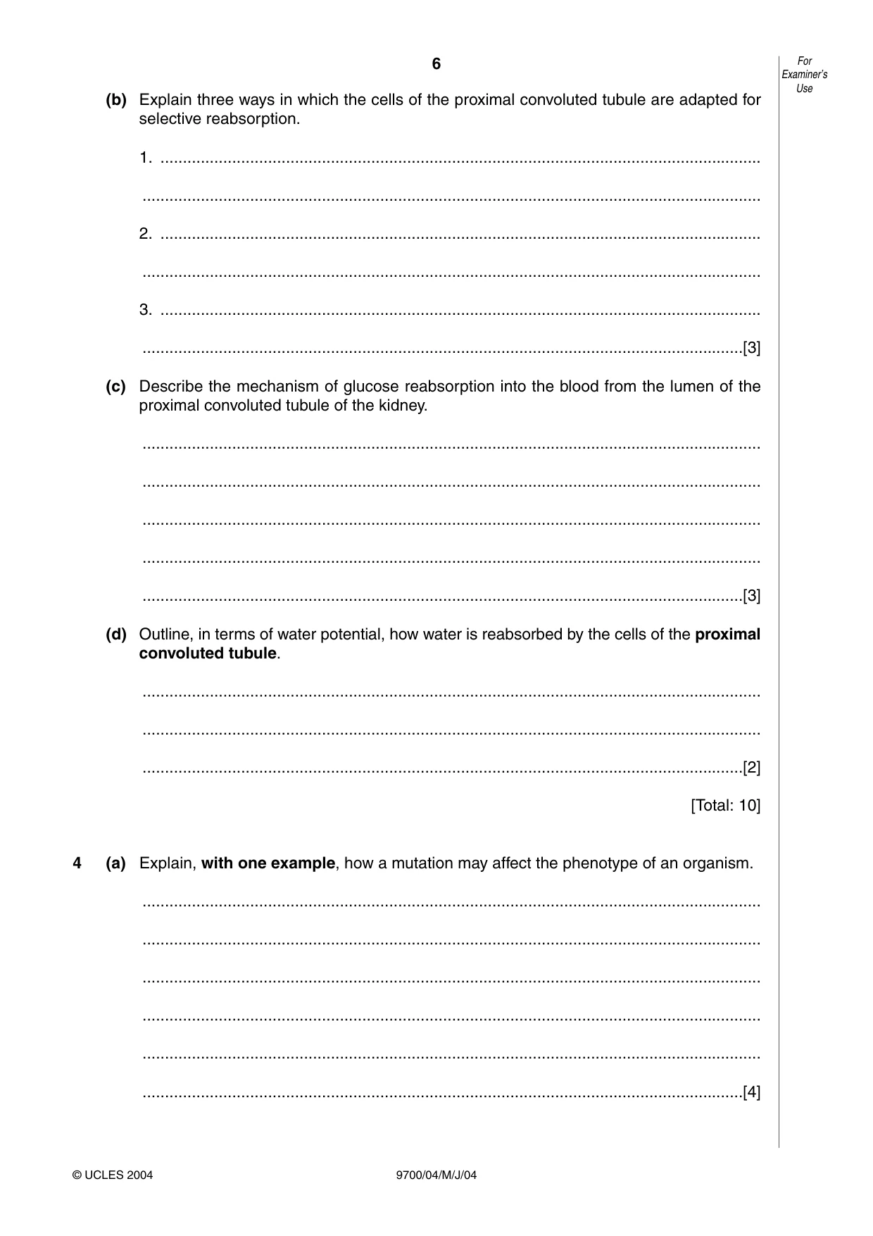 Cambridge A Level Biology 9700 2004 May/June Paper 4 · Variant 1 question paper, page 6 of 12