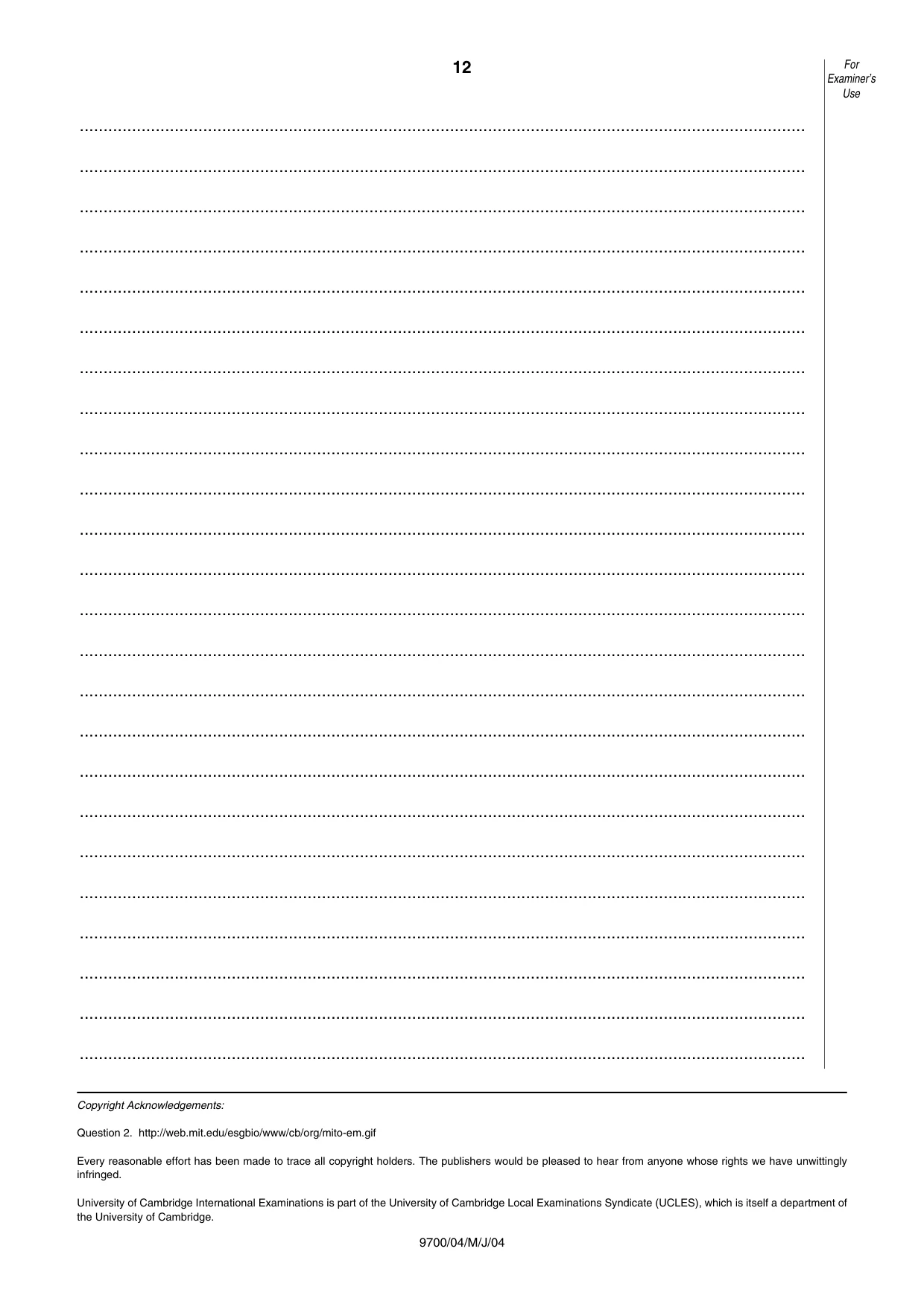 Cambridge A Level Biology 9700 2004 May/June Paper 4 · Variant 1 question paper, page 12 of 12