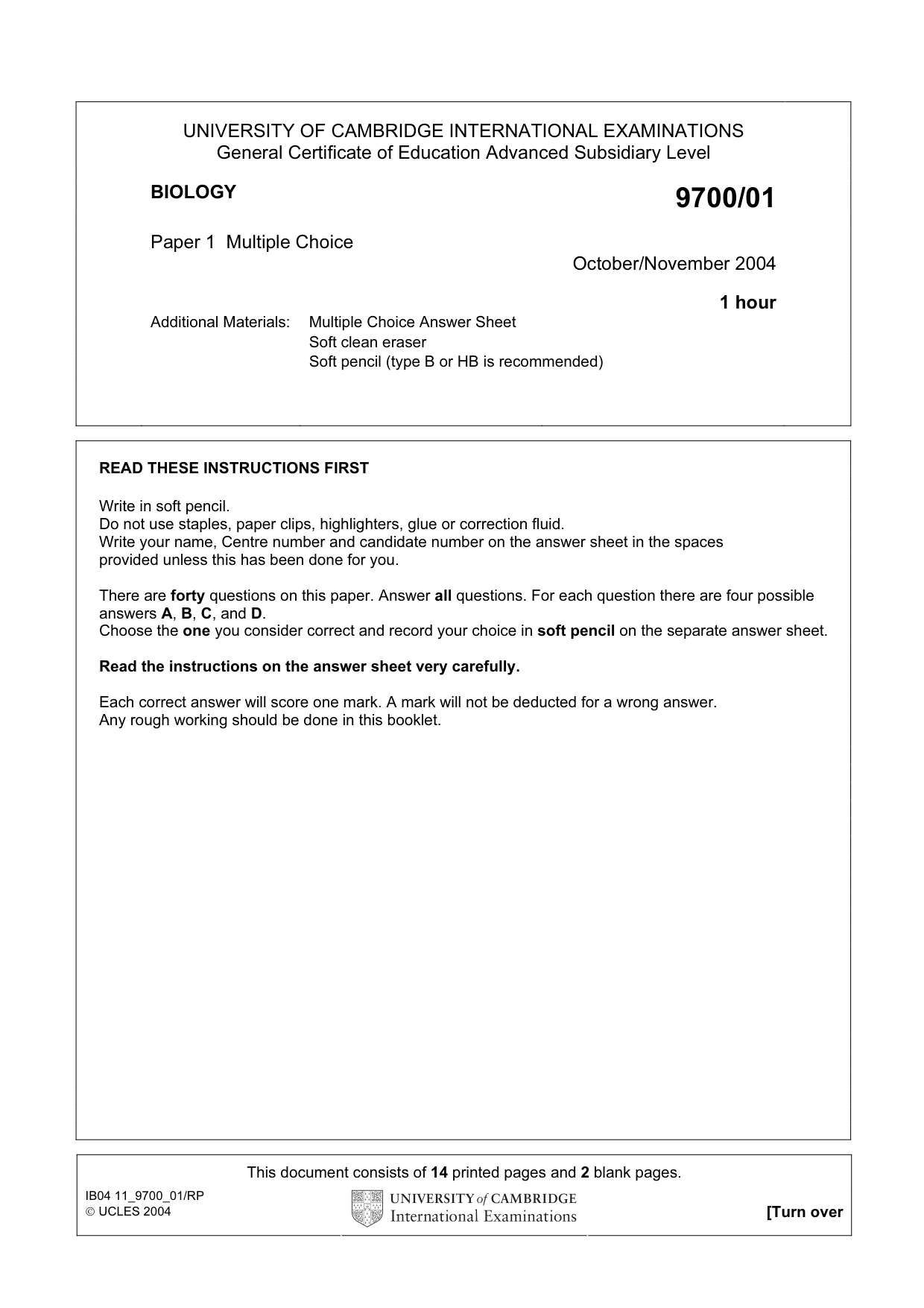 Cambridge A Level Biology 9700 2004 Oct/Nov Paper 1 · Variant 1 question paper, page 1 of 16