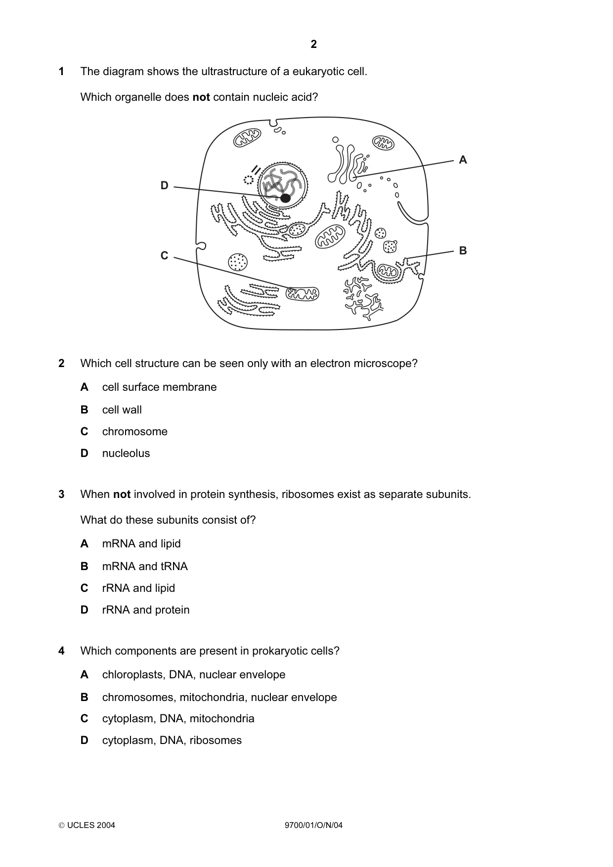 Cambridge A Level Biology 9700 2004 Oct/Nov Paper 1 · Variant 1 question paper, page 2 of 16