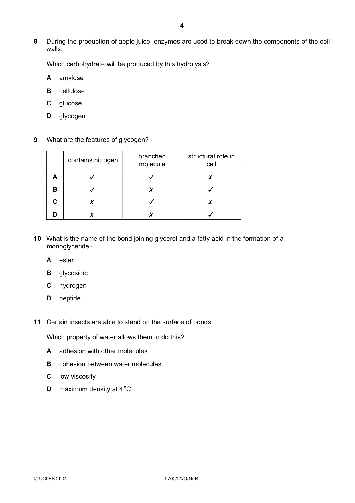 Cambridge A Level Biology 9700 2004 Oct/Nov Paper 1 · Variant 1 question paper, page 4 of 16