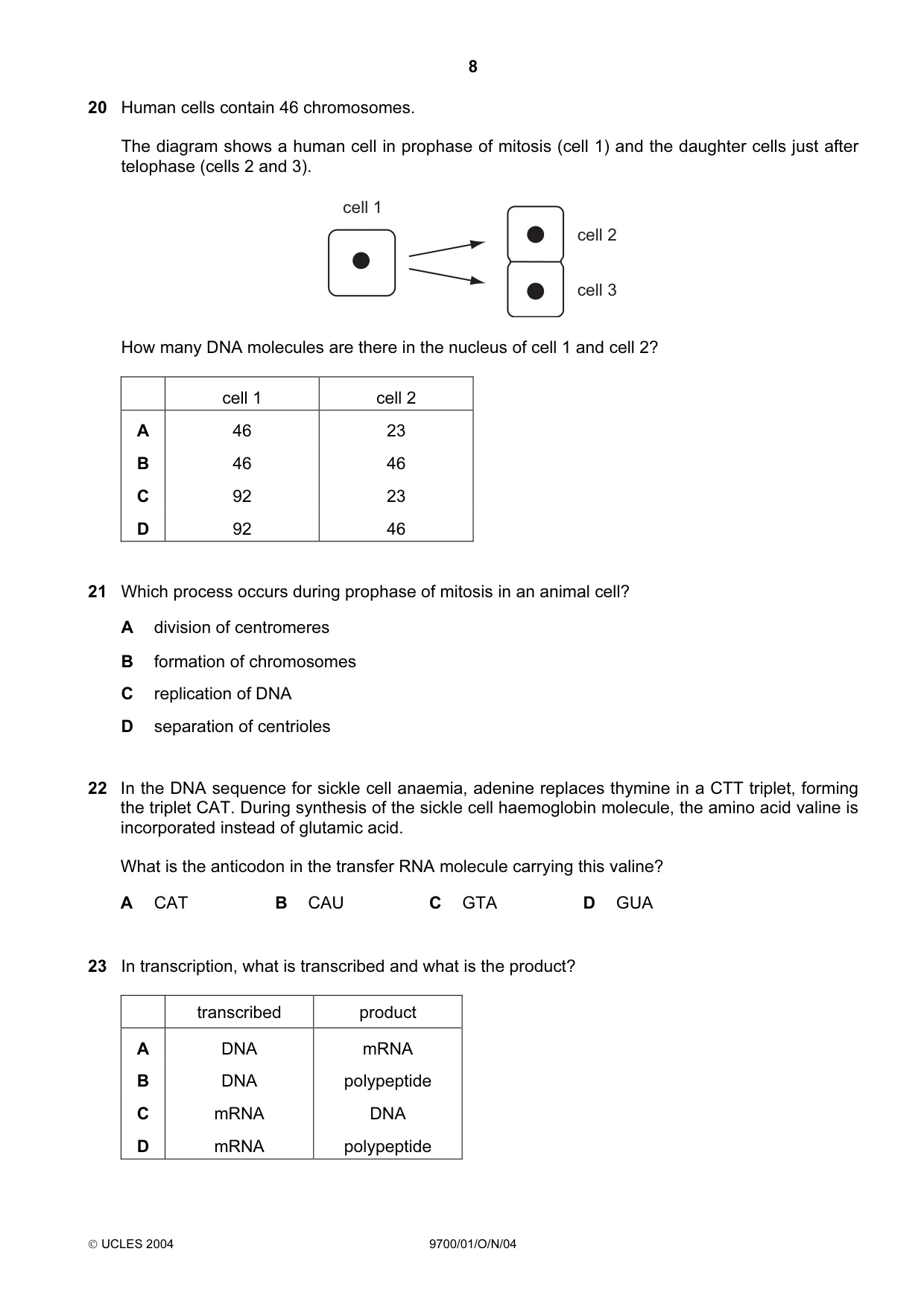 Cambridge A Level Biology 9700 2004 Oct/Nov Paper 1 · Variant 1 question paper, page 8 of 16