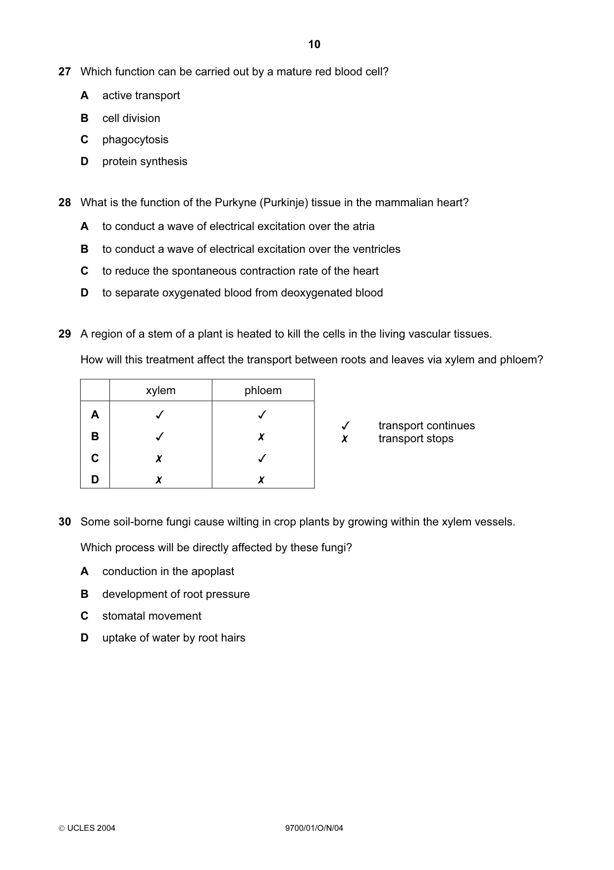 Cambridge A Level Biology 9700 2004 Oct/Nov Paper 1 · Variant 1 question paper, page 10 of 16