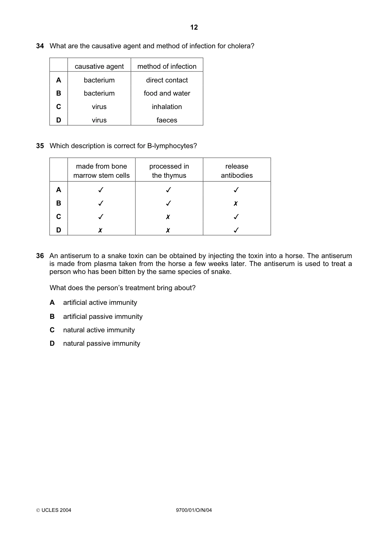 Cambridge A Level Biology 9700 2004 Oct/Nov Paper 1 · Variant 1 question paper, page 12 of 16