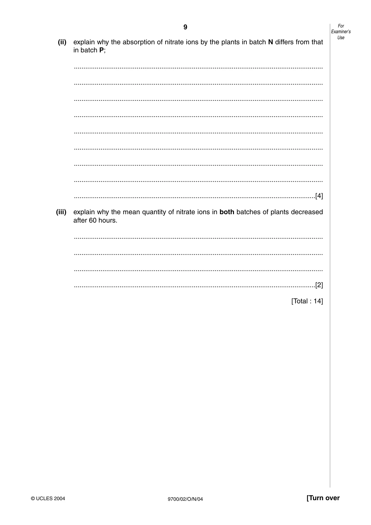 Cambridge A Level Biology 9700 2004 Oct/Nov Paper 2 · Variant 1 question paper, page 9 of 16