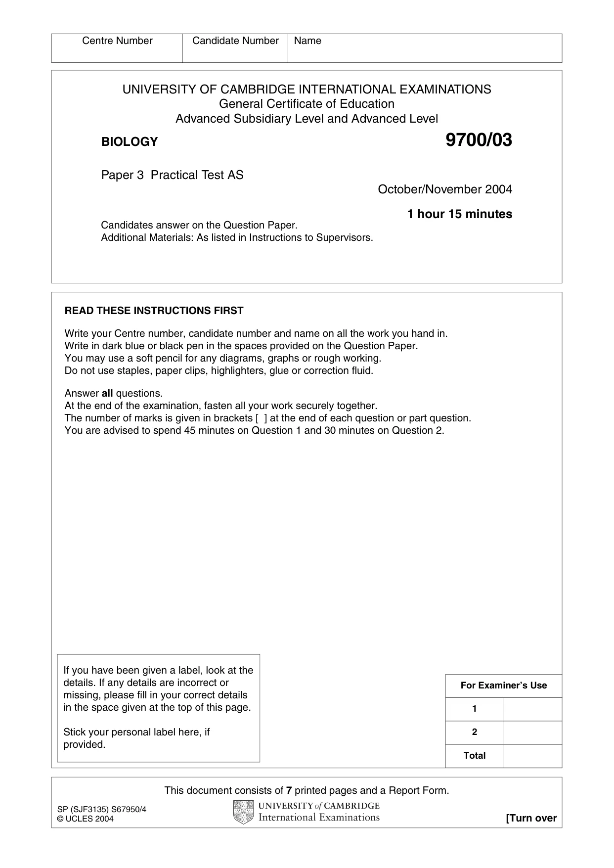 Cambridge A Level Biology 9700 2004 Oct/Nov Paper 3 · Variant 1 question paper, page 1 of 8