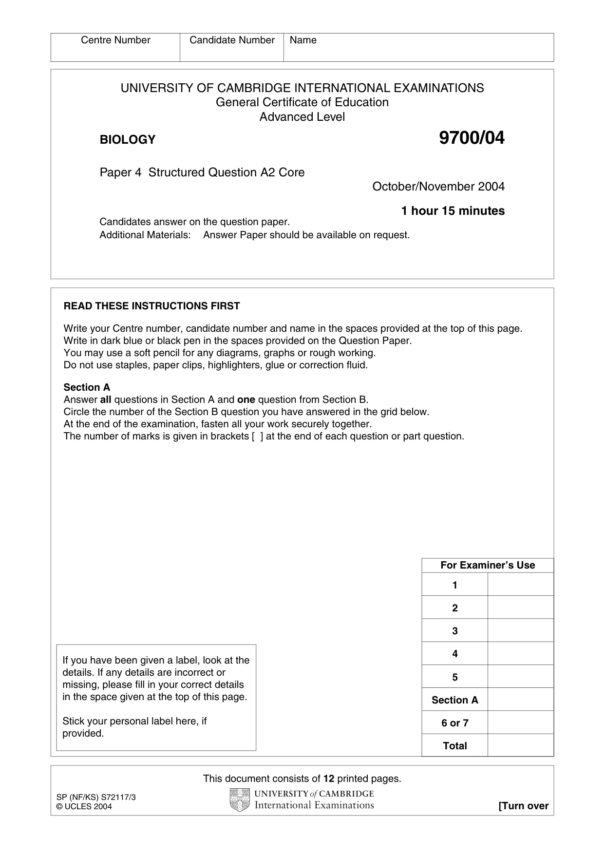 Cambridge A Level Biology 9700 2004 Oct/Nov Paper 4 · Variant 1 question paper, page 1 of 12