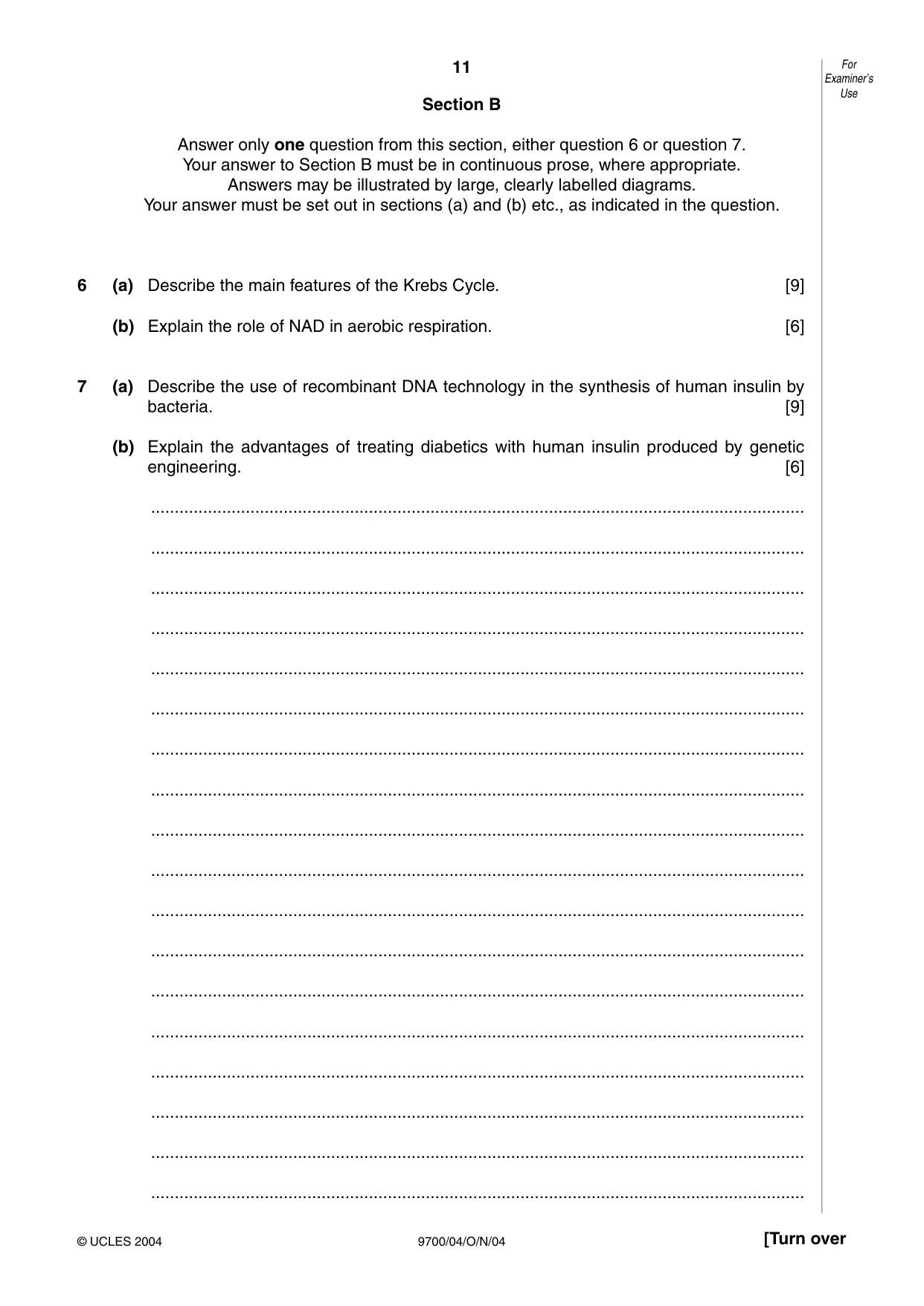 Cambridge A Level Biology 9700 2004 Oct/Nov Paper 4 · Variant 1 question paper, page 11 of 12