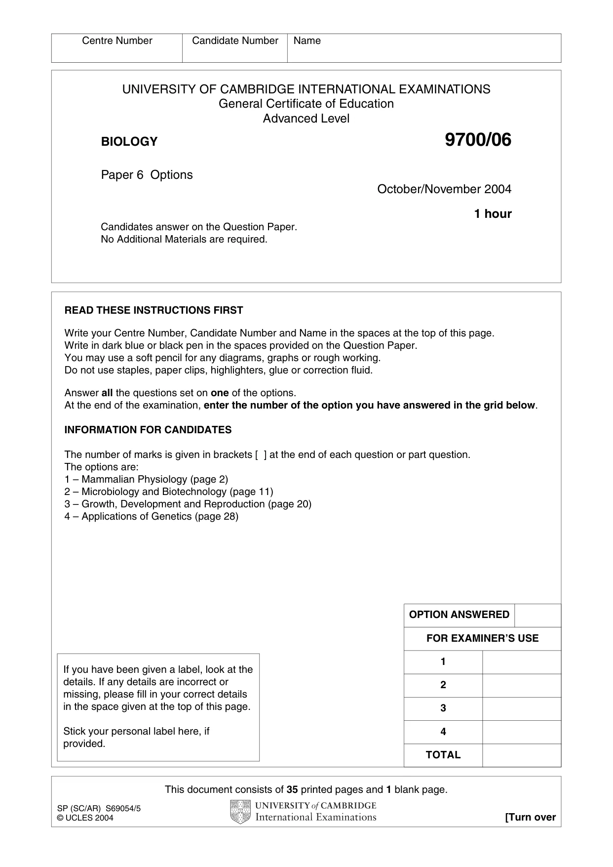 Cambridge A Level Biology 9700 2004 Oct/Nov Paper 6 · Variant 1 question paper, page 1 of 36