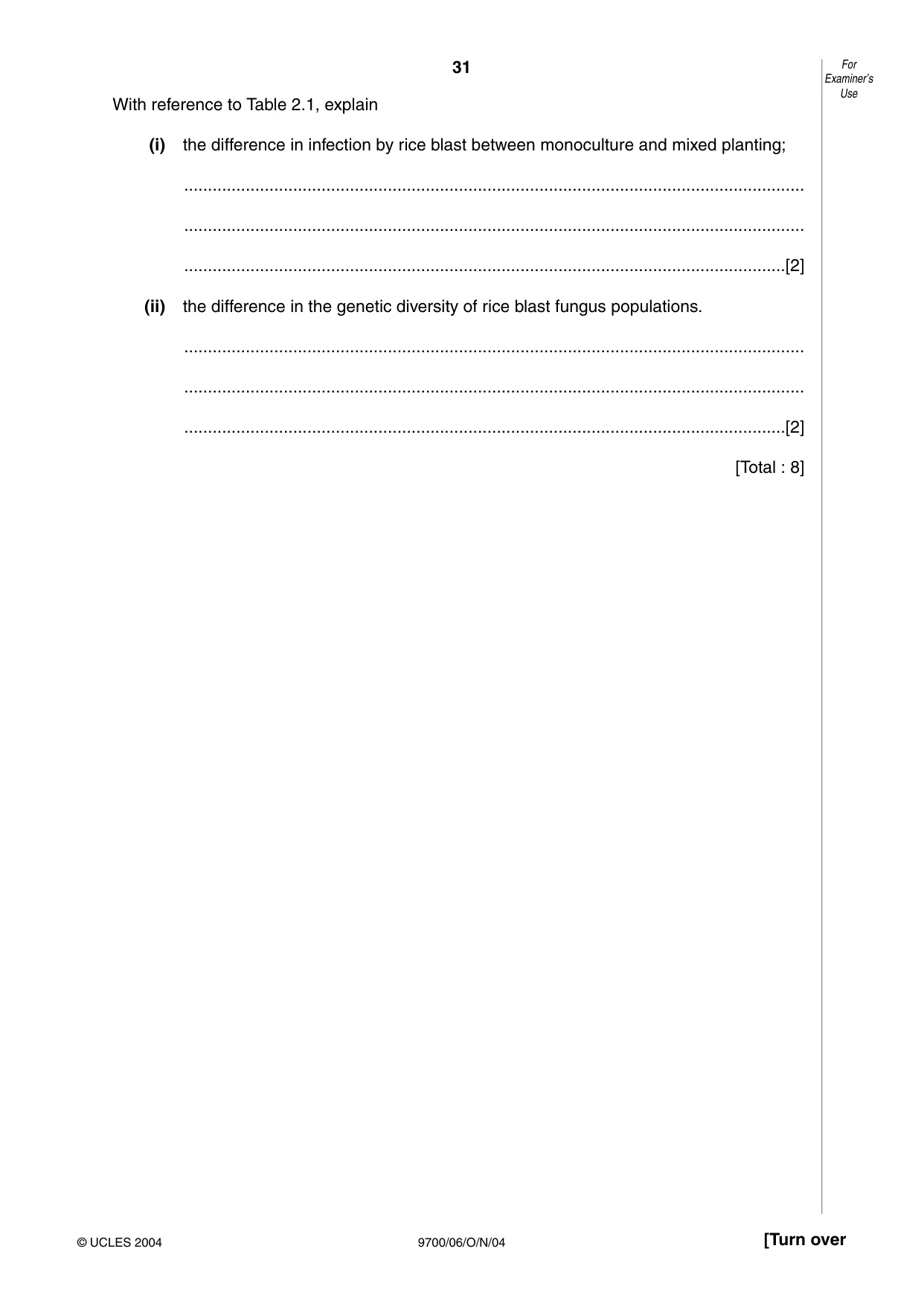 Cambridge A Level Biology 9700 2004 Oct/Nov Paper 6 · Variant 1 question paper, page 31 of 36