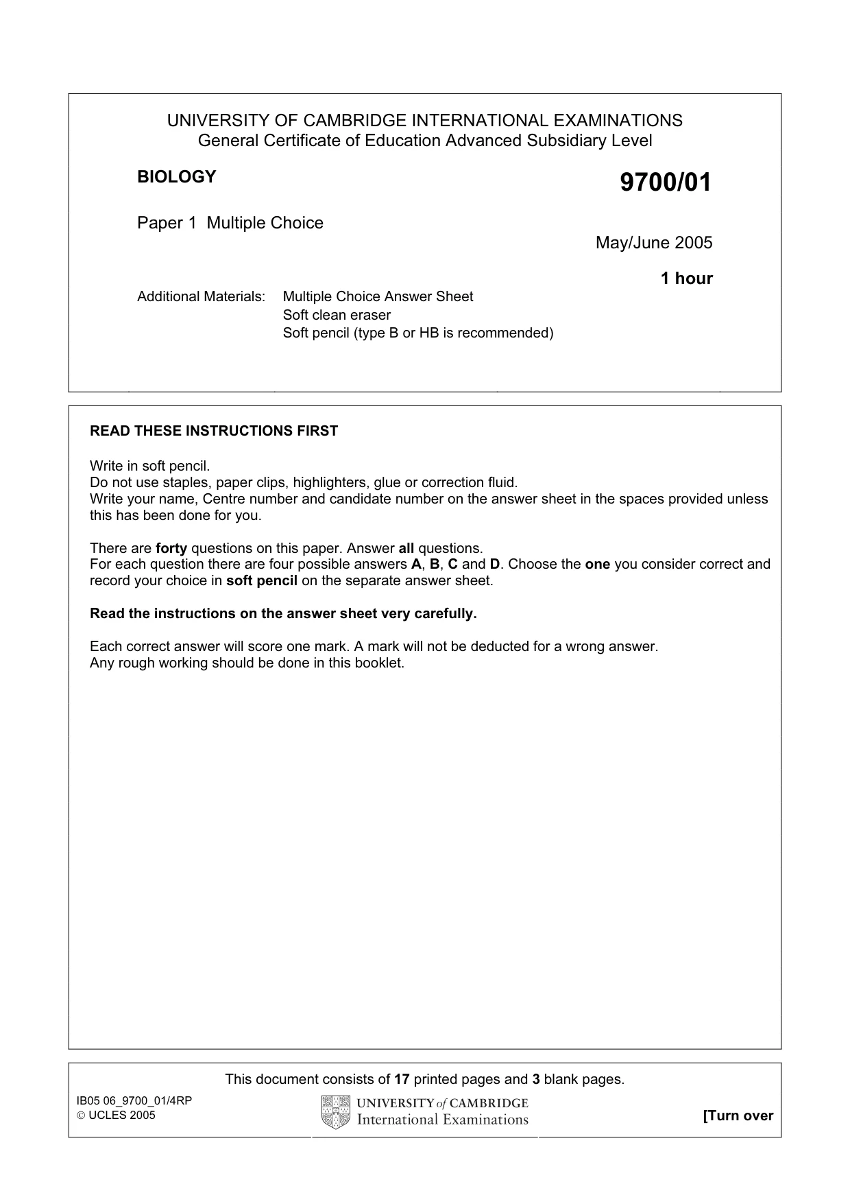 Cambridge A Level Biology 9700 2005 May/June Paper 1 · Variant 1 question paper, page 1 of 20