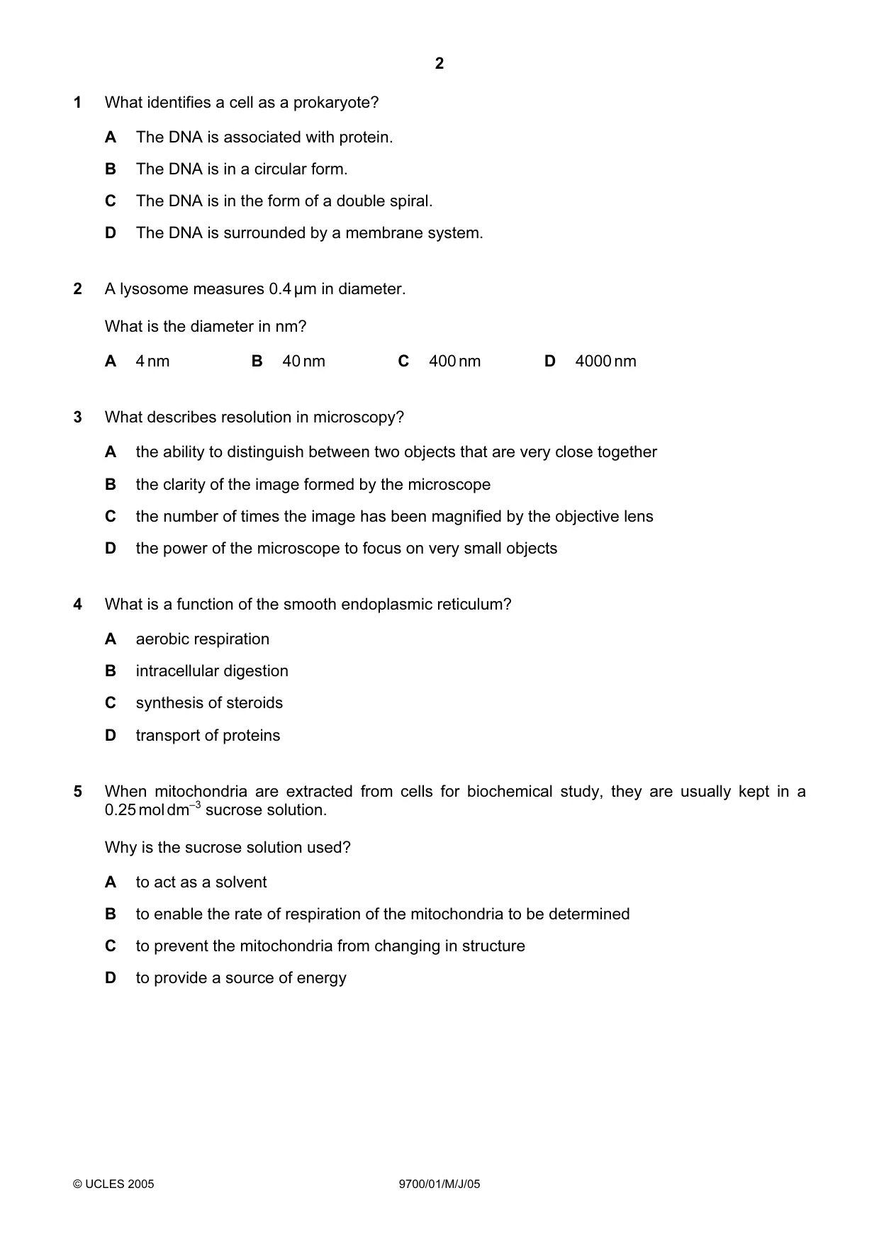 Cambridge A Level Biology 9700 2005 May/June Paper 1 · Variant 1 question paper, page 2 of 20