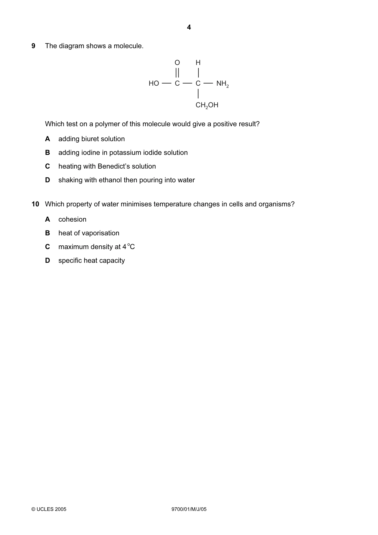 Cambridge A Level Biology 9700 2005 May/June Paper 1 · Variant 1 question paper, page 4 of 20