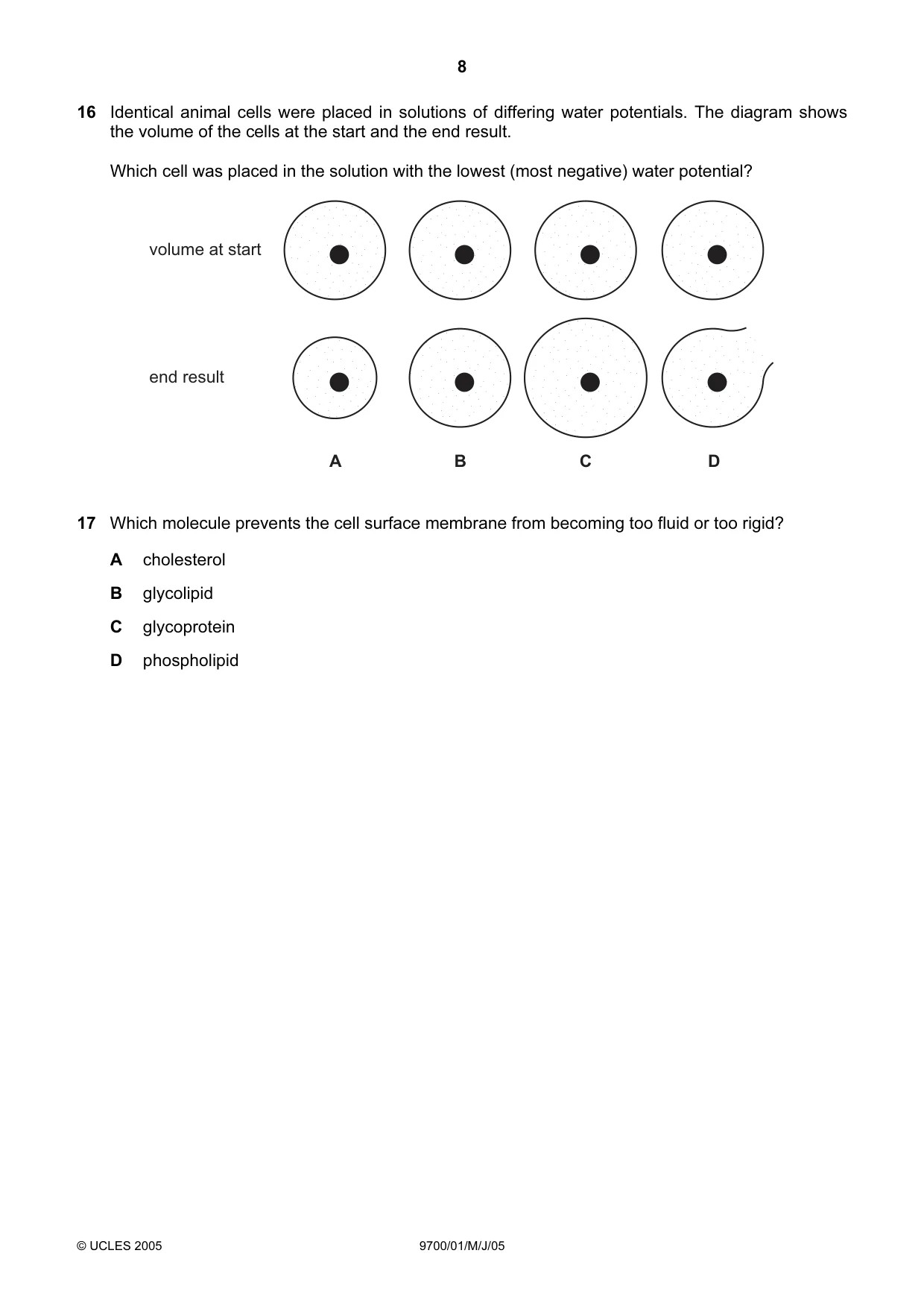 Cambridge A Level Biology 9700 2005 May/June Paper 1 · Variant 1 question paper, page 8 of 20