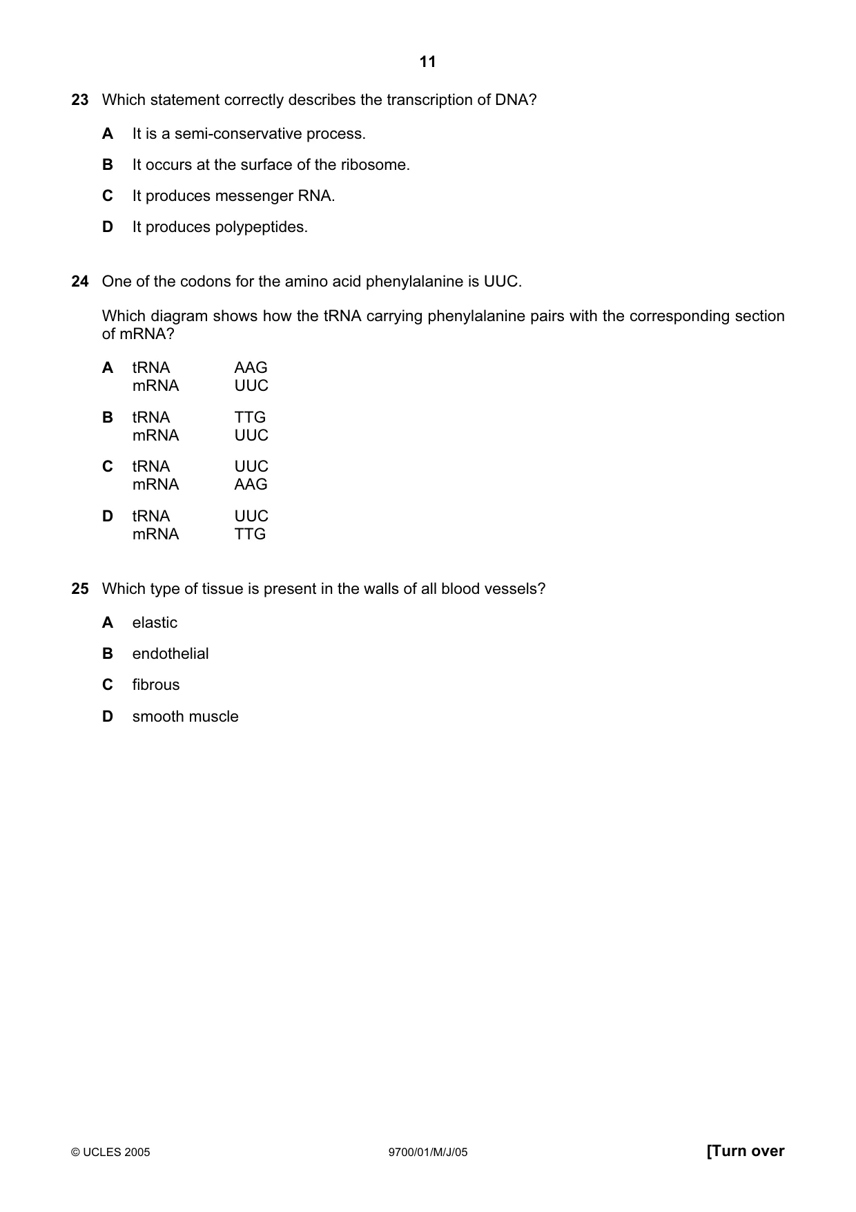 Cambridge A Level Biology 9700 2005 May/June Paper 1 · Variant 1 question paper, page 11 of 20