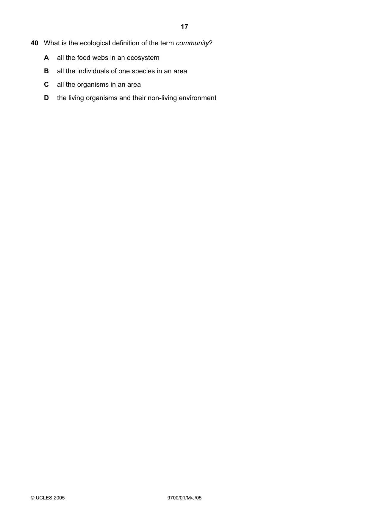 Cambridge A Level Biology 9700 2005 May/June Paper 1 · Variant 1 question paper, page 17 of 20