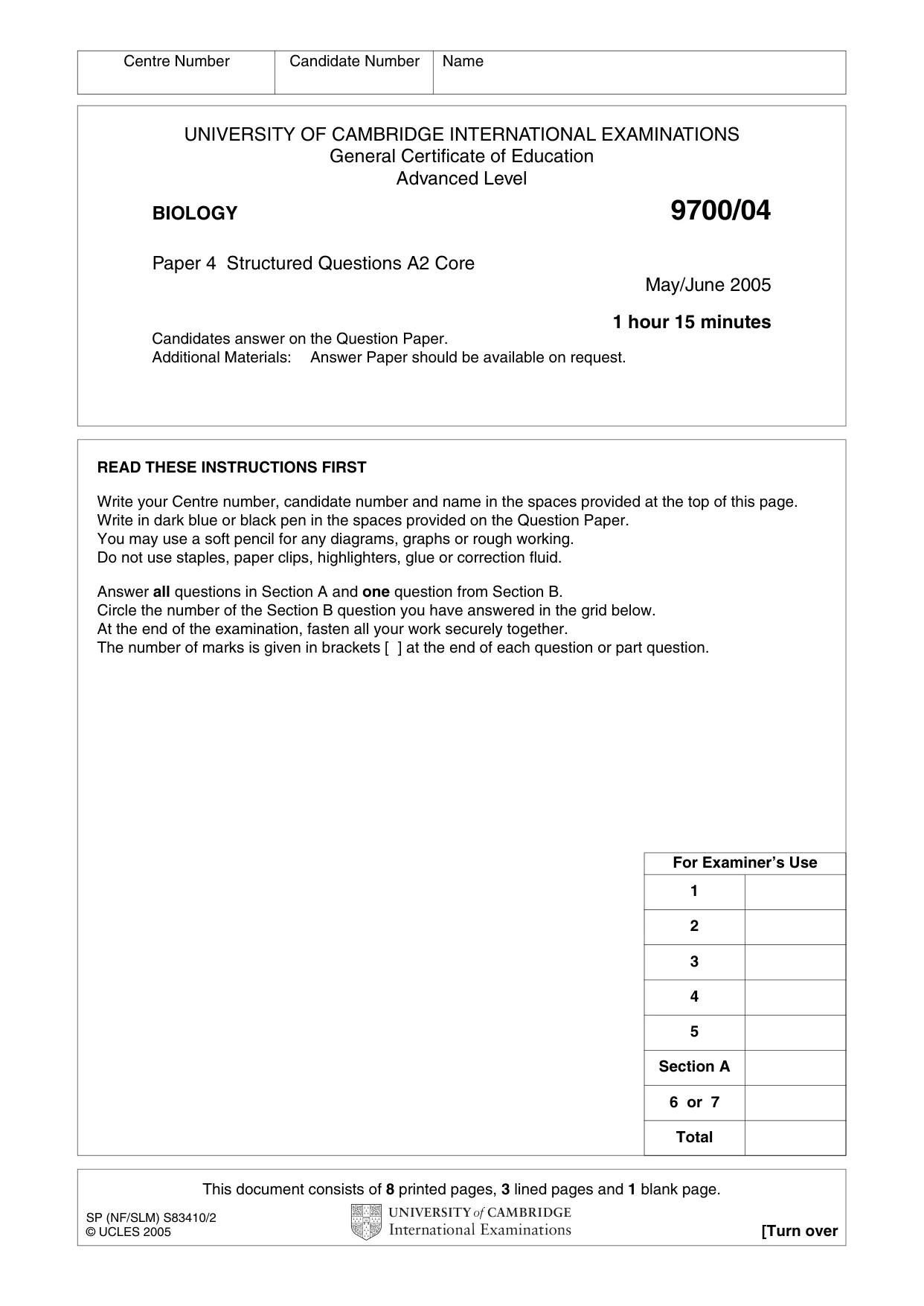 Cambridge A Level Biology 9700 2005 May/June Paper 4 · Variant 1 question paper, page 1 of 12