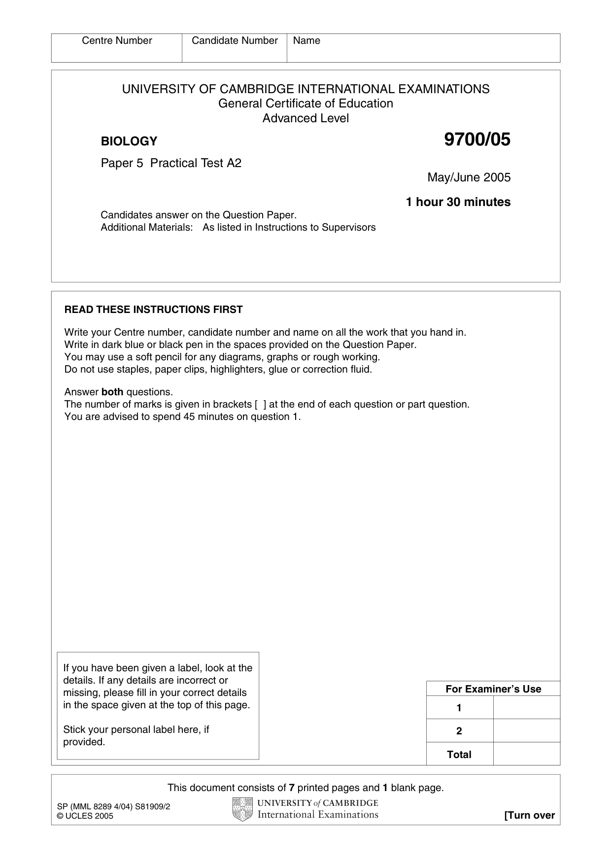 Cambridge A Level Biology 9700 2005 May/June Paper 5 · Variant 1 question paper, page 1 of 8