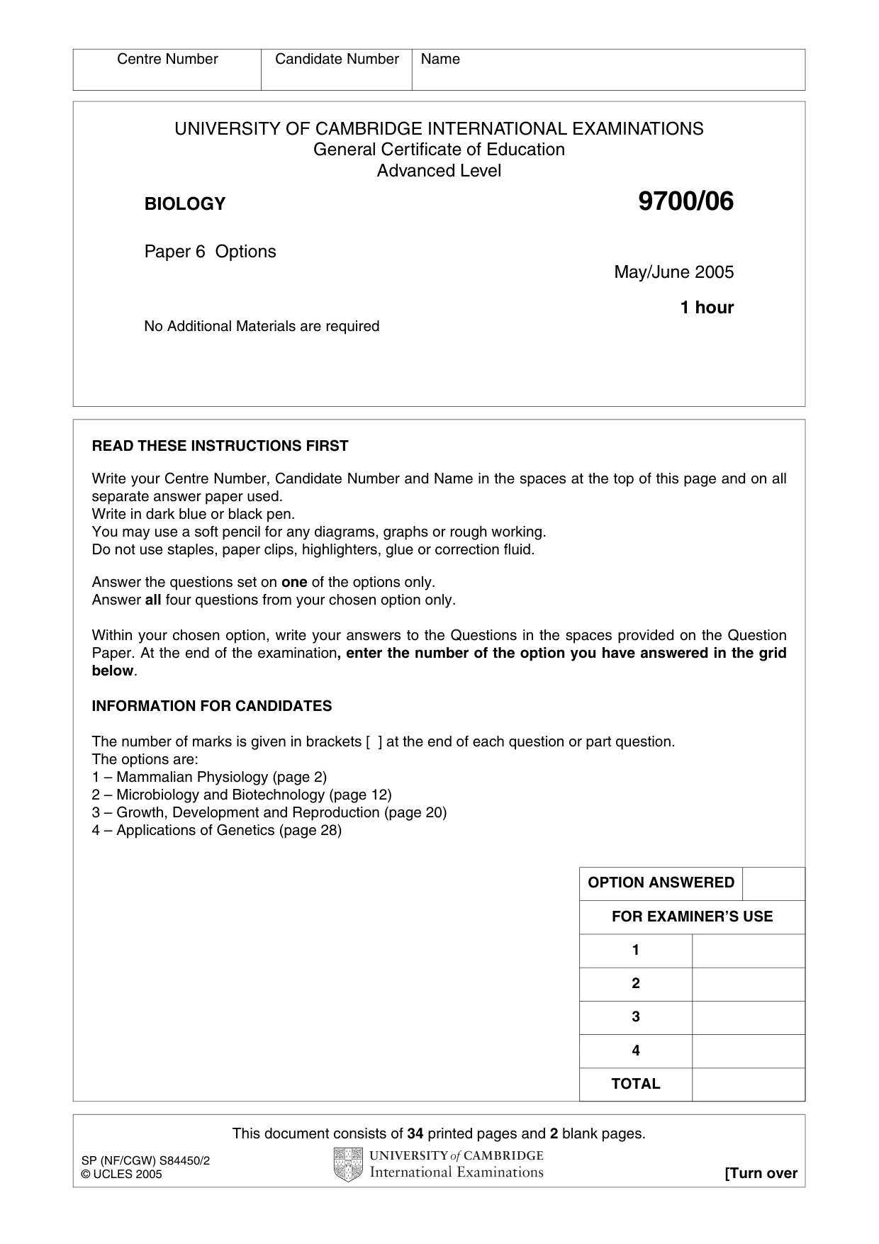 Cambridge A Level Biology 9700 2005 May/June Paper 6 · Variant 1 question paper, page 1 of 36