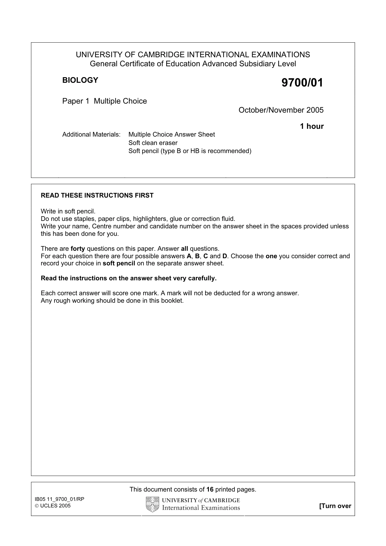 Cambridge A Level Biology 9700 2005 Oct/Nov Paper 1 · Variant 1 question paper, page 1 of 16