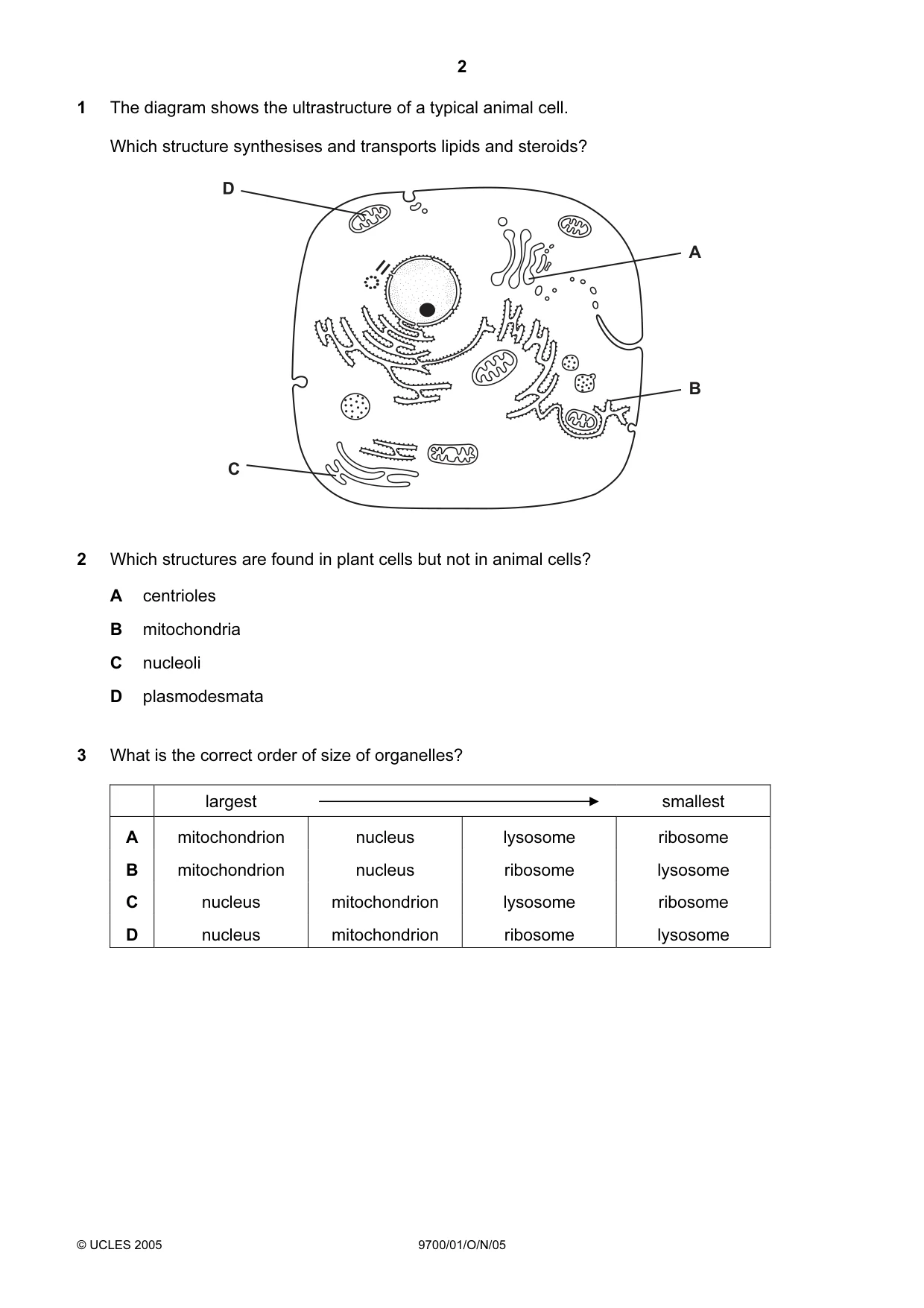 Cambridge A Level Biology 9700 2005 Oct/Nov Paper 1 · Variant 1 question paper, page 2 of 16