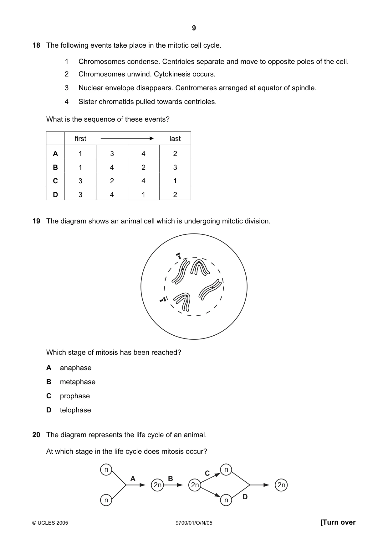 Cambridge A Level Biology 9700 2005 Oct/Nov Paper 1 · Variant 1 question paper, page 9 of 16
