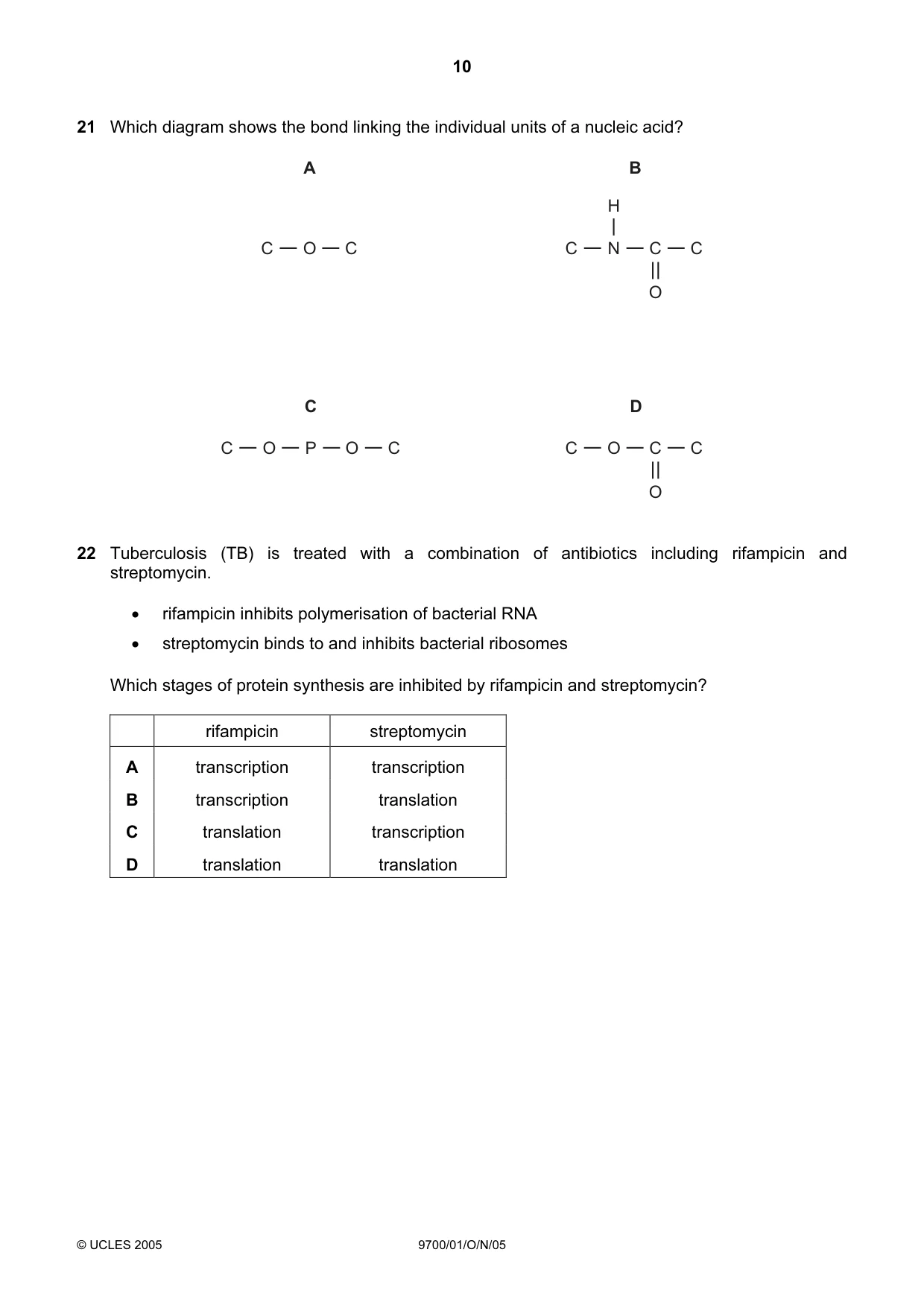 Cambridge A Level Biology 9700 2005 Oct/Nov Paper 1 · Variant 1 question paper, page 10 of 16