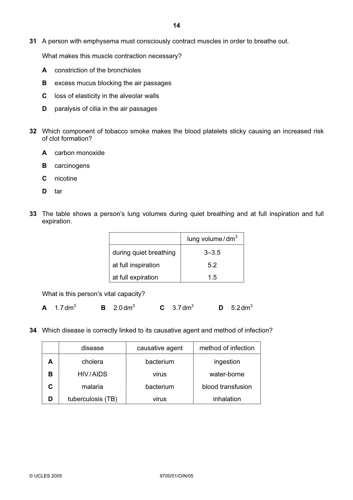 Cambridge A Level Biology 9700 2005 Oct/Nov Paper 1 · Variant 1 question paper, page 14 of 16