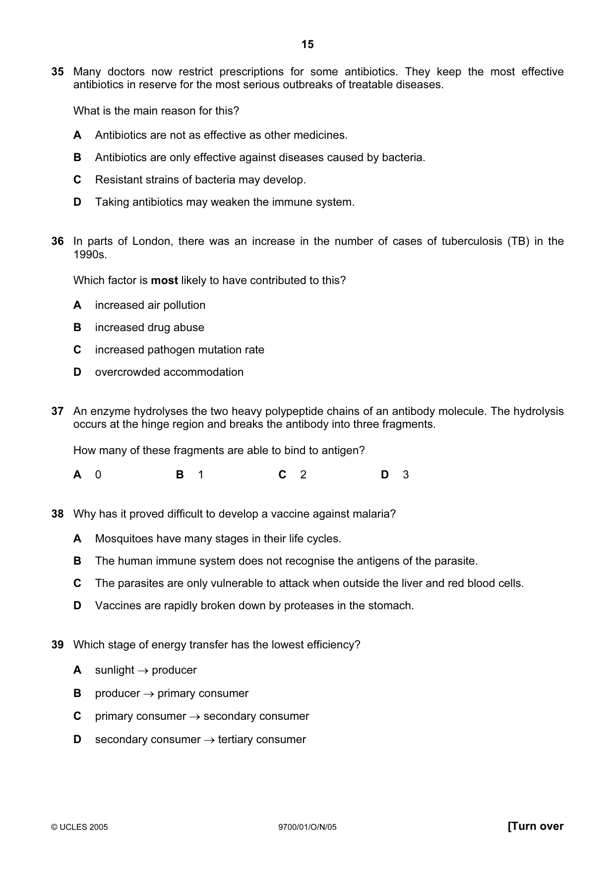 Cambridge A Level Biology 9700 2005 Oct/Nov Paper 1 · Variant 1 question paper, page 15 of 16