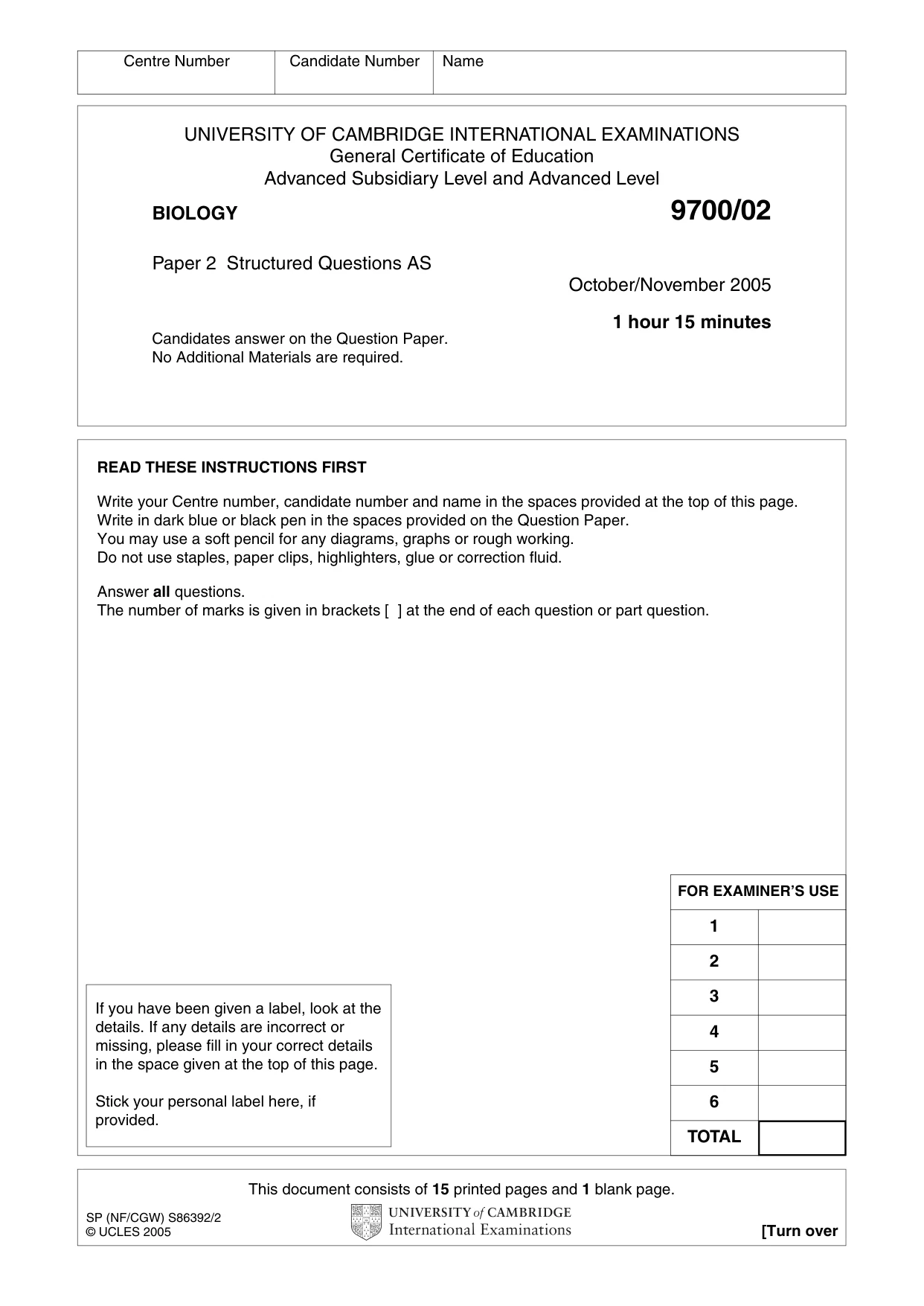 Cambridge A Level Biology 9700 2005 Oct/Nov Paper 2 · Variant 1 question paper, page 1 of 16