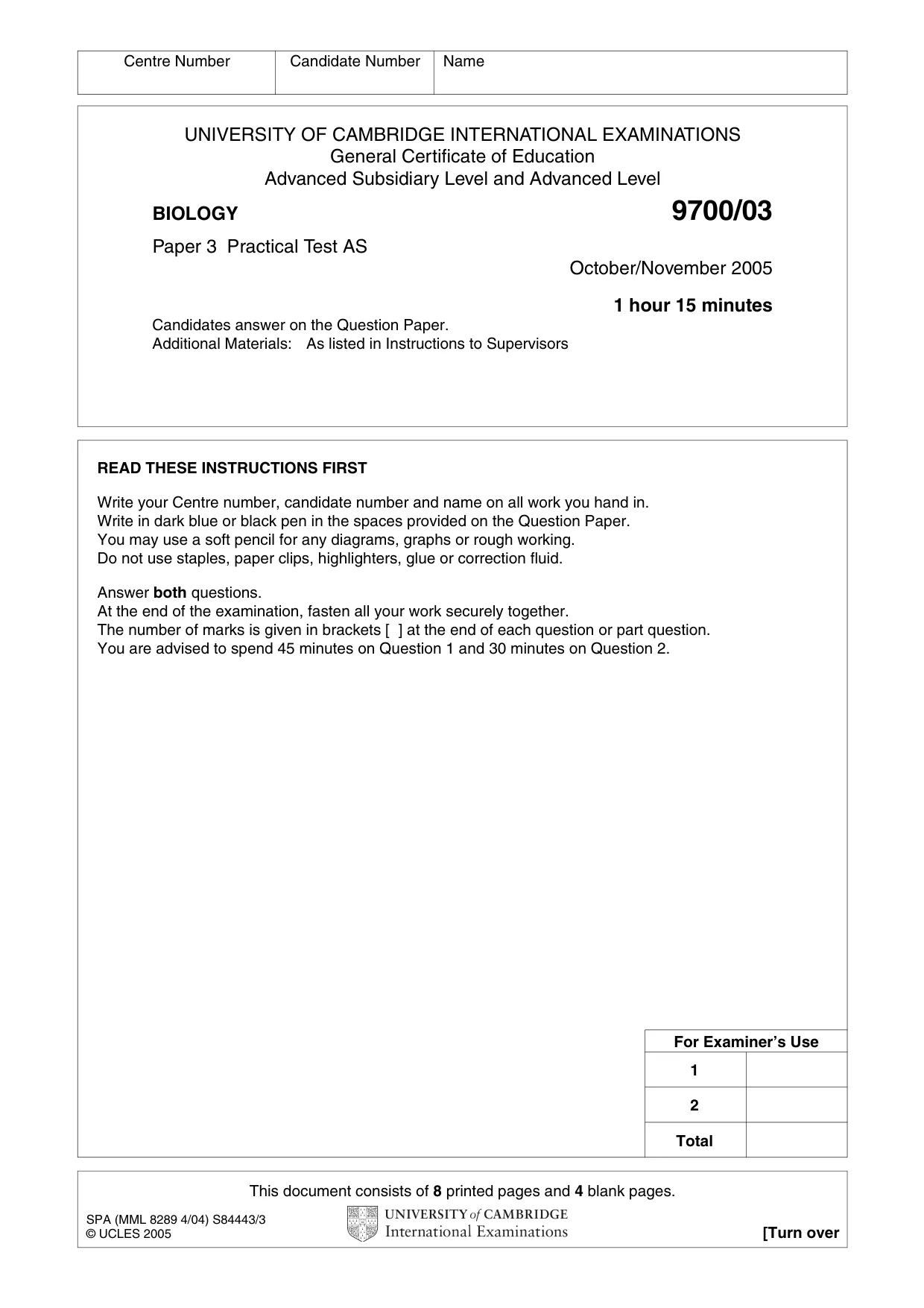 Cambridge A Level Biology 9700 2005 Oct/Nov Paper 3 · Variant 1 question paper, page 1 of 12