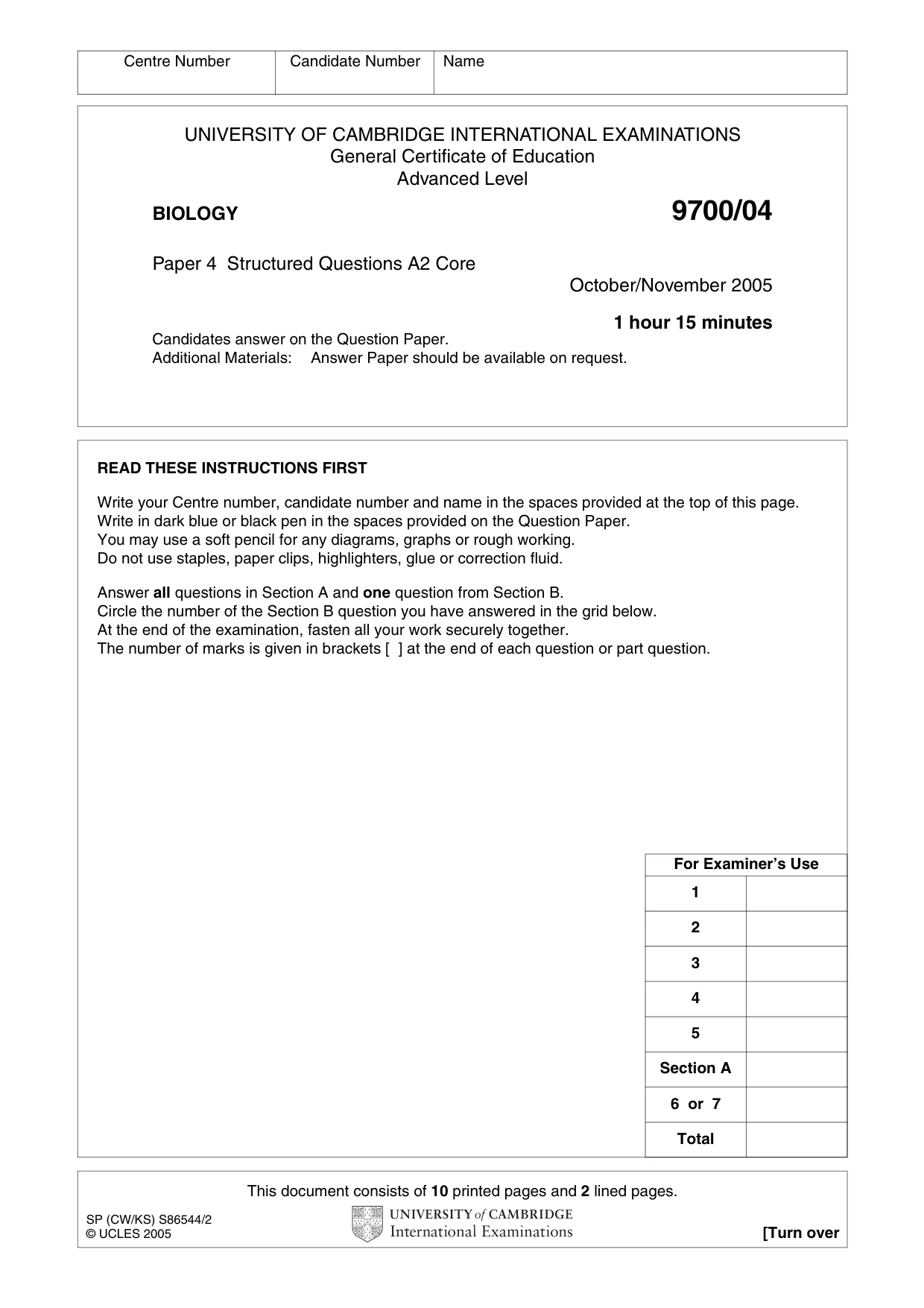 Cambridge A Level Biology 9700 2005 Oct/Nov Paper 4 · Variant 1 question paper, page 1 of 12