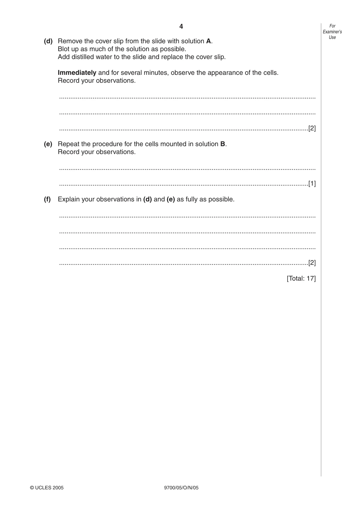 Cambridge A Level Biology 9700 2005 Oct/Nov Paper 5 · Variant 1 question paper, page 4 of 8