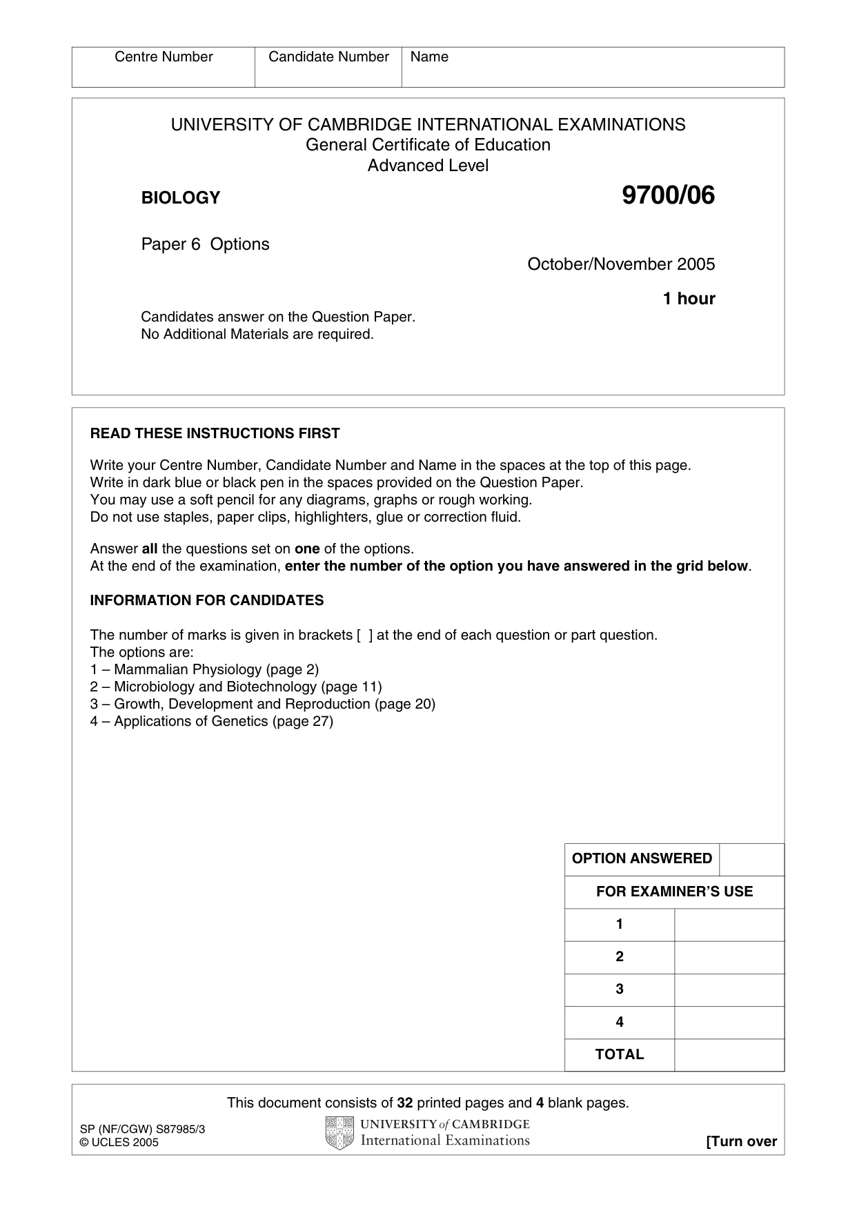 Cambridge A Level Biology 9700 2005 Oct/Nov Paper 6 · Variant 1 question paper, page 1 of 36
