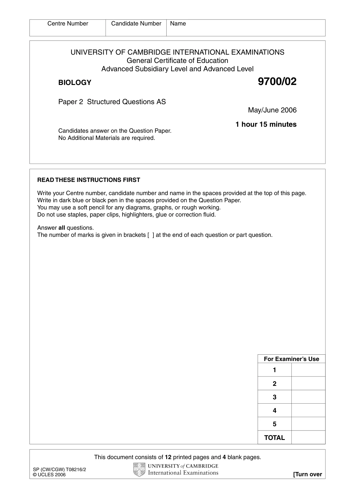 Cambridge A Level Biology 9700 2006 May/June Paper 2 · Variant 1 question paper, page 1 of 16