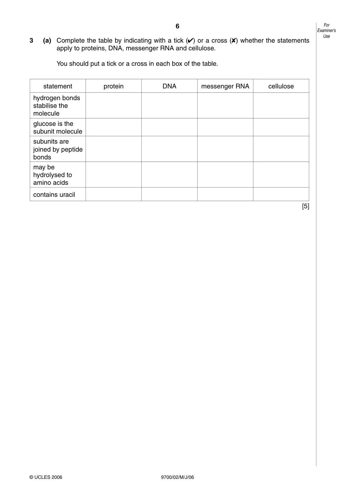 Cambridge A Level Biology 9700 2006 May/June Paper 2 · Variant 1 question paper, page 6 of 16