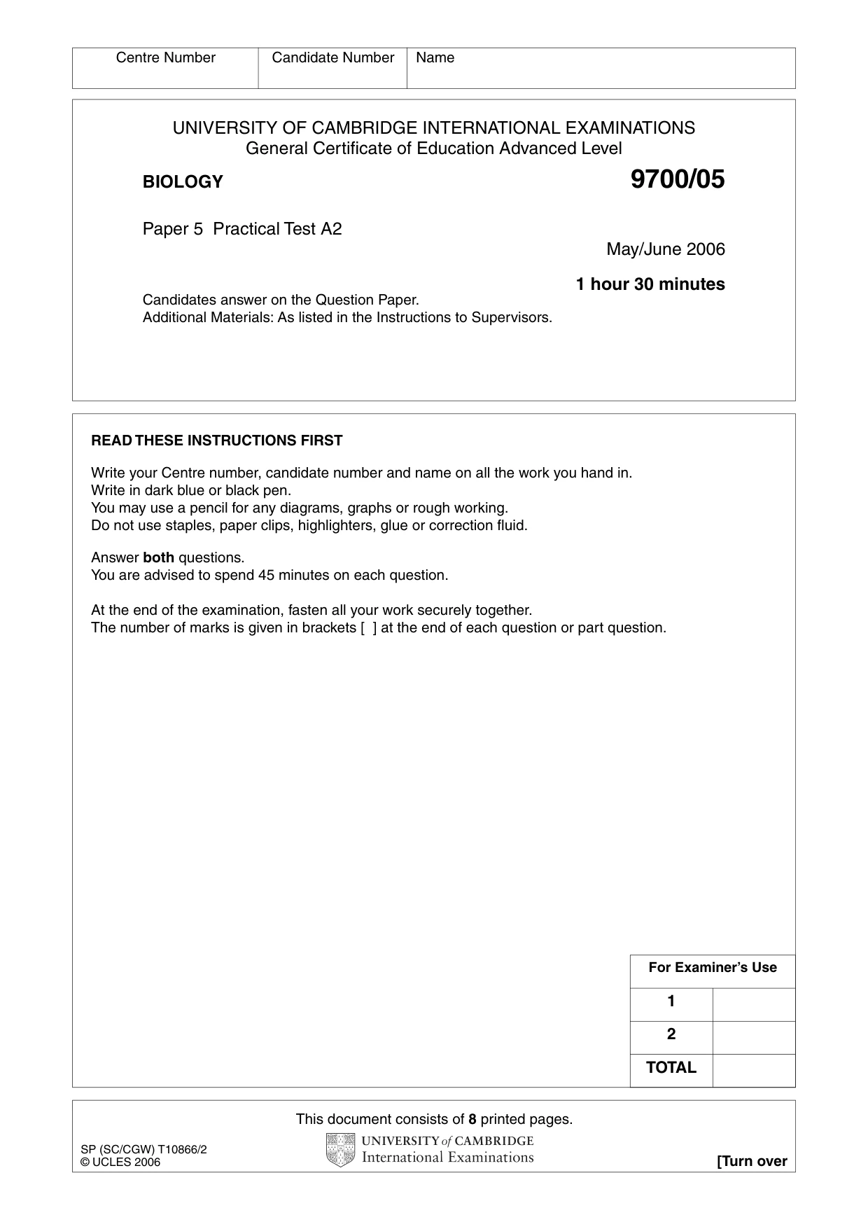 Cambridge A Level Biology 9700 2006 May/June Paper 5 · Variant 1 question paper, page 1 of 8