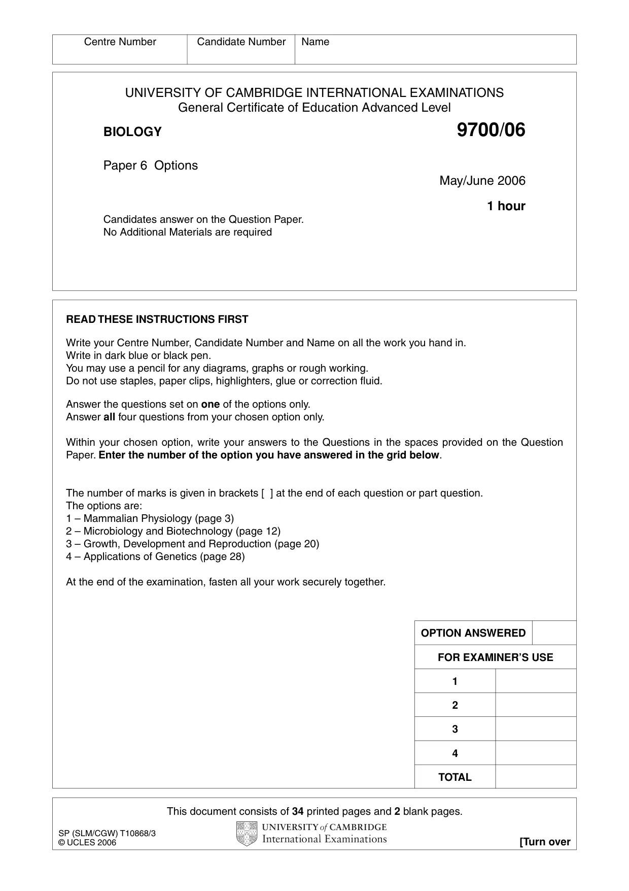 Cambridge A Level Biology 9700 2006 May/June Paper 6 · Variant 1 question paper, page 1 of 36