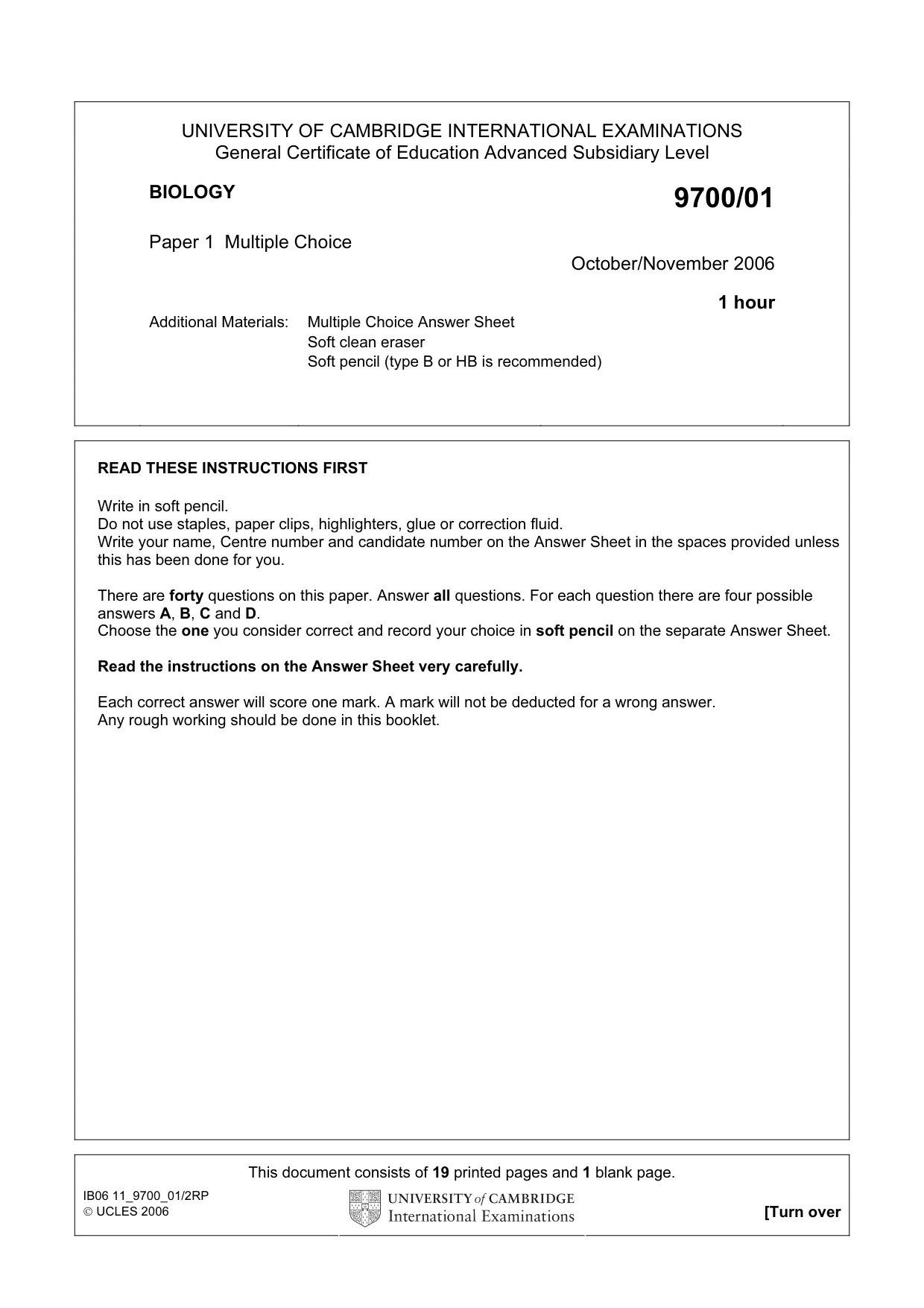 Cambridge A Level Biology 9700 2006 Oct/Nov Paper 1 · Variant 1 question paper, page 1 of 20