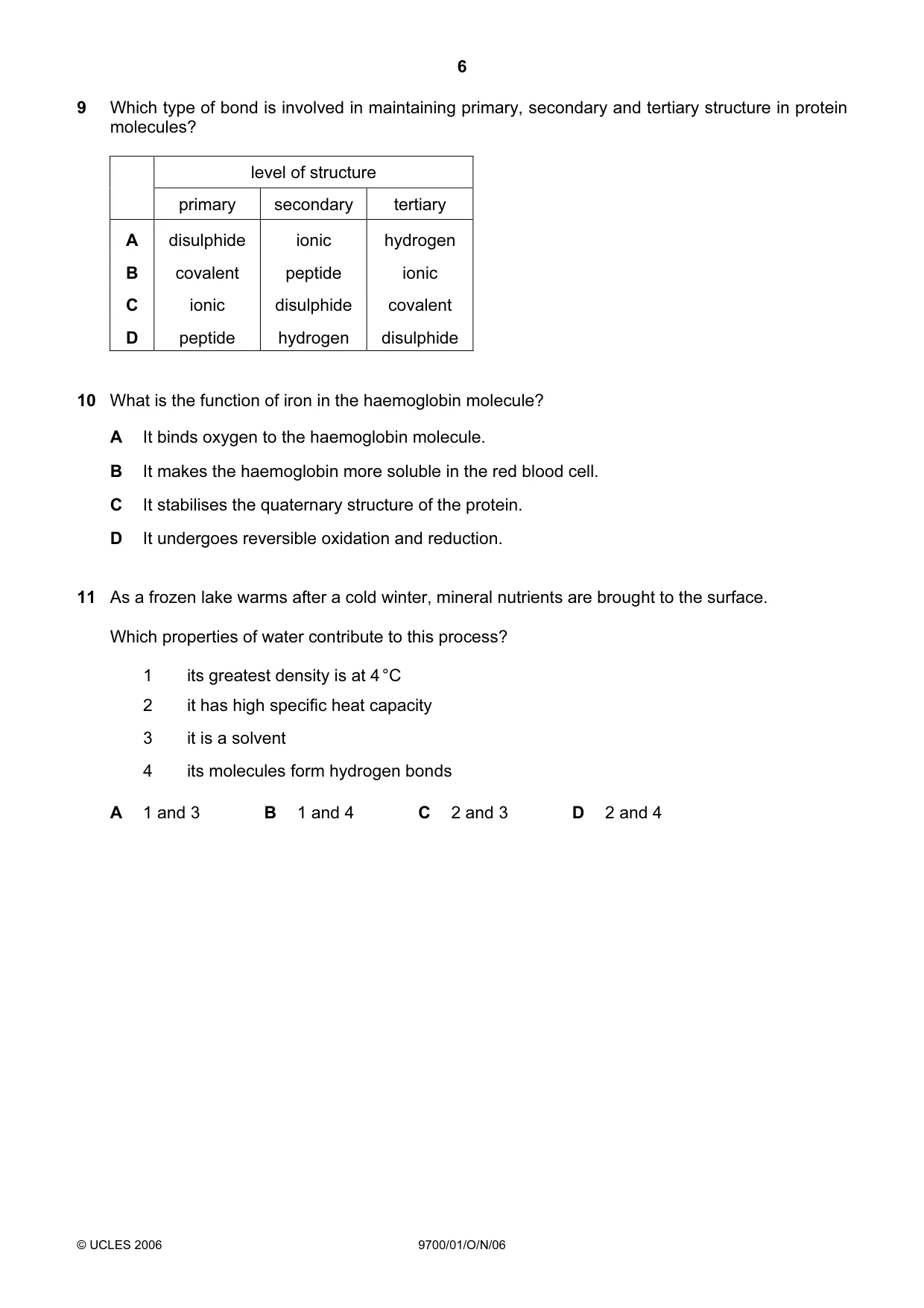 Cambridge A Level Biology 9700 2006 Oct/Nov Paper 1 · Variant 1 question paper, page 6 of 20