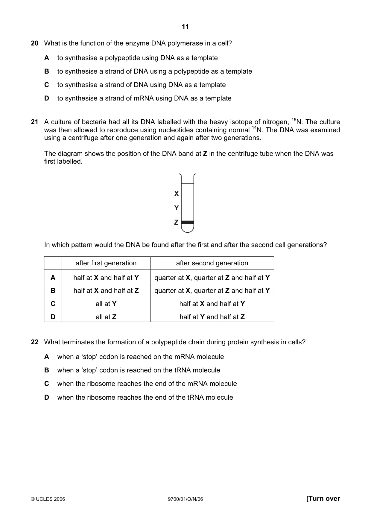 Cambridge A Level Biology 9700 2006 Oct/Nov Paper 1 · Variant 1 question paper, page 11 of 20