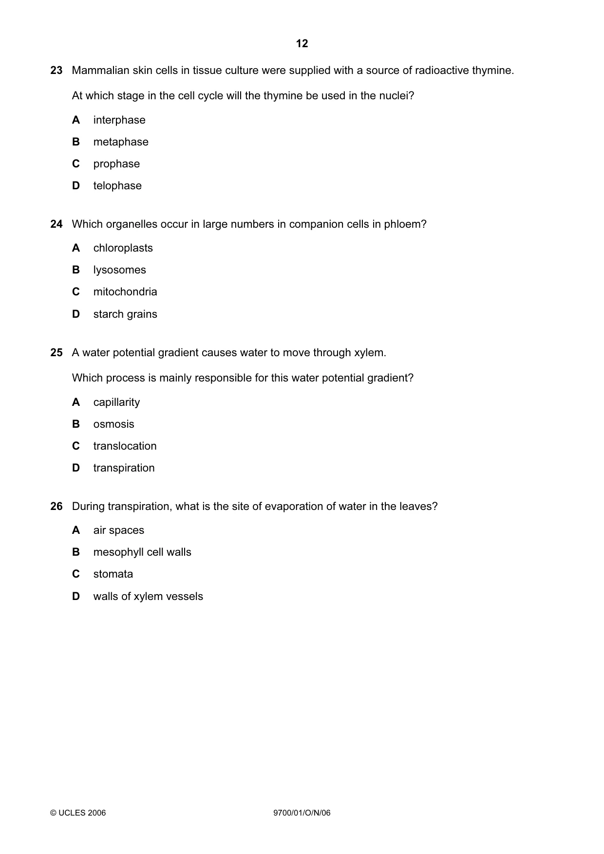 Cambridge A Level Biology 9700 2006 Oct/Nov Paper 1 · Variant 1 question paper, page 12 of 20