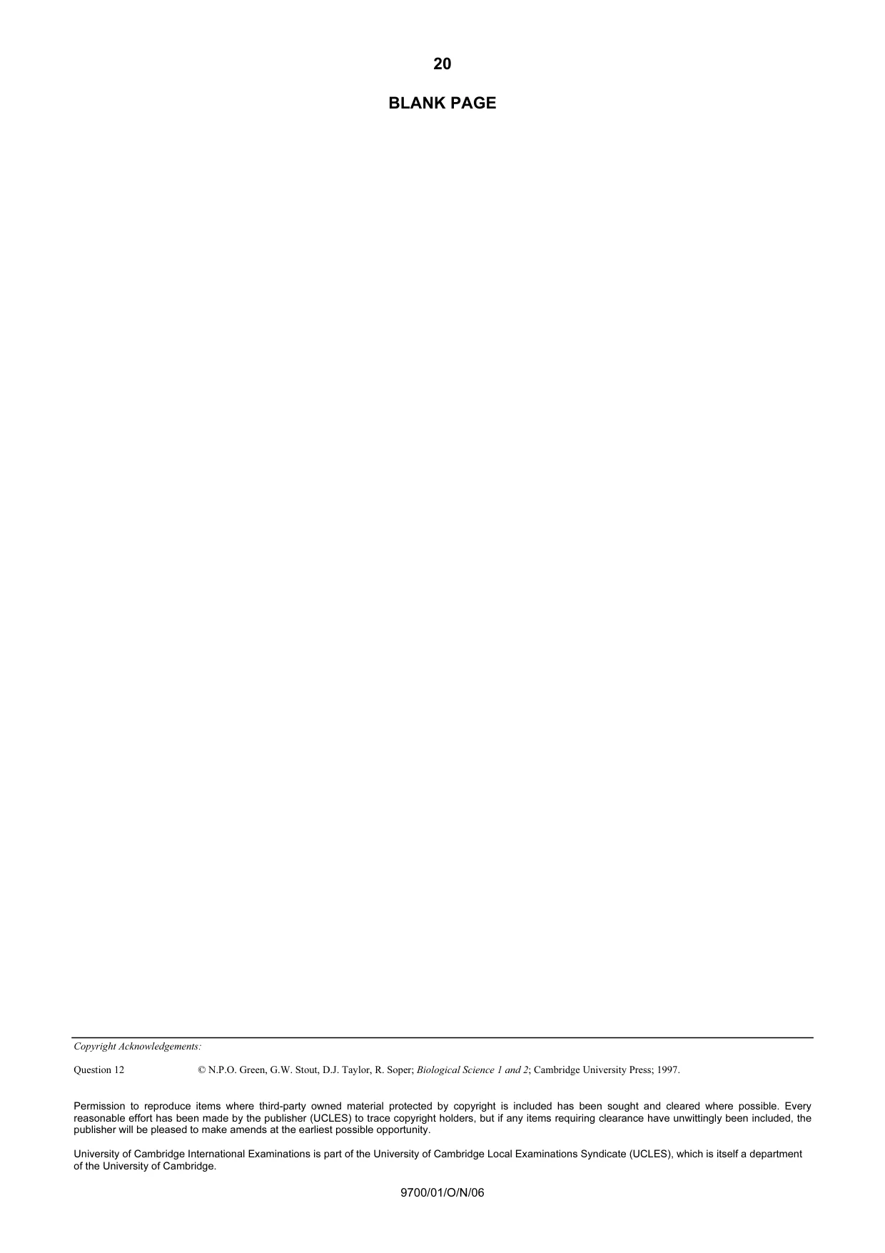 Cambridge A Level Biology 9700 2006 Oct/Nov Paper 1 · Variant 1 question paper, page 20 of 20