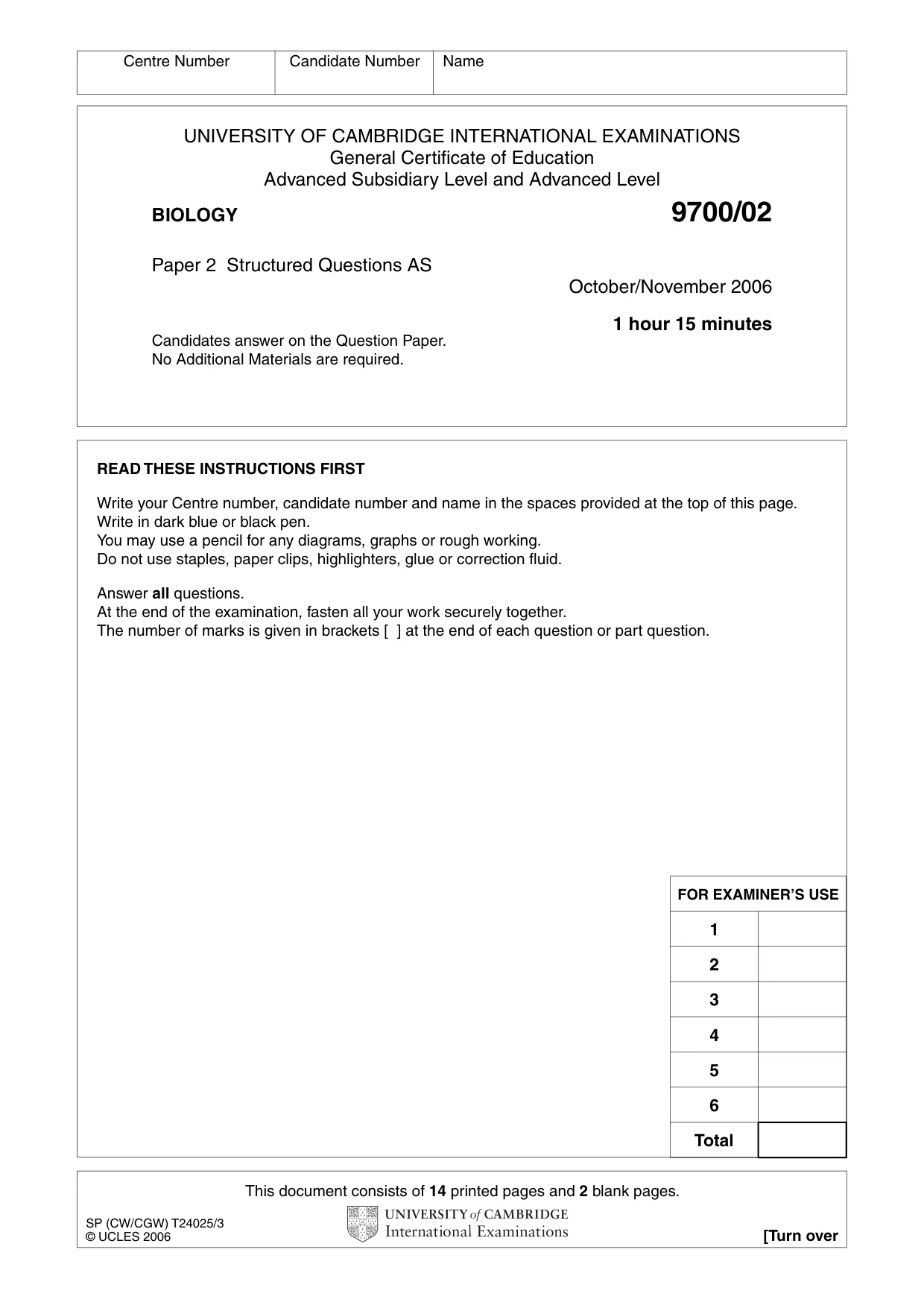 Cambridge A Level Biology 9700 2006 Oct/Nov Paper 2 · Variant 1 question paper, page 1 of 16