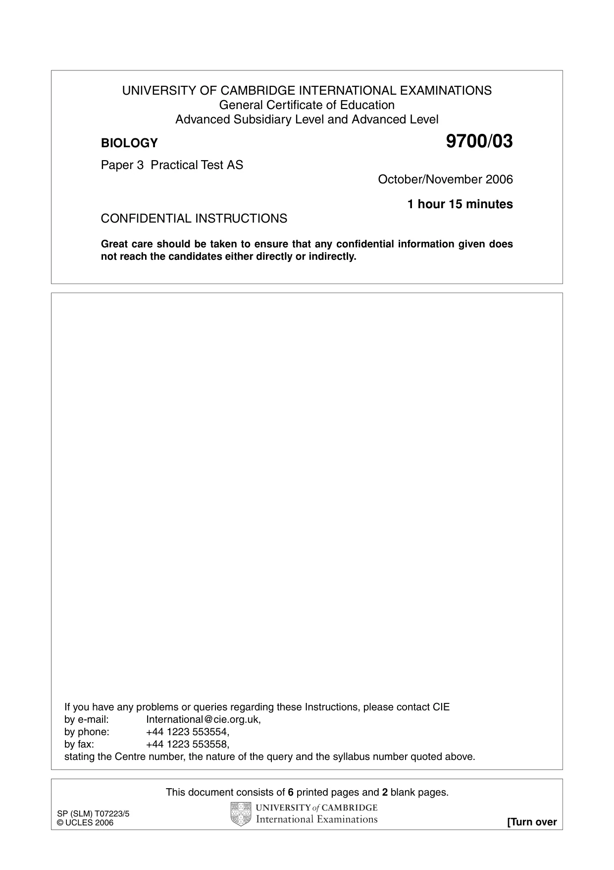 Cambridge A Level Biology 9700 2006 Oct/Nov Paper 3 · Variant 1 question paper, page 1 of 8