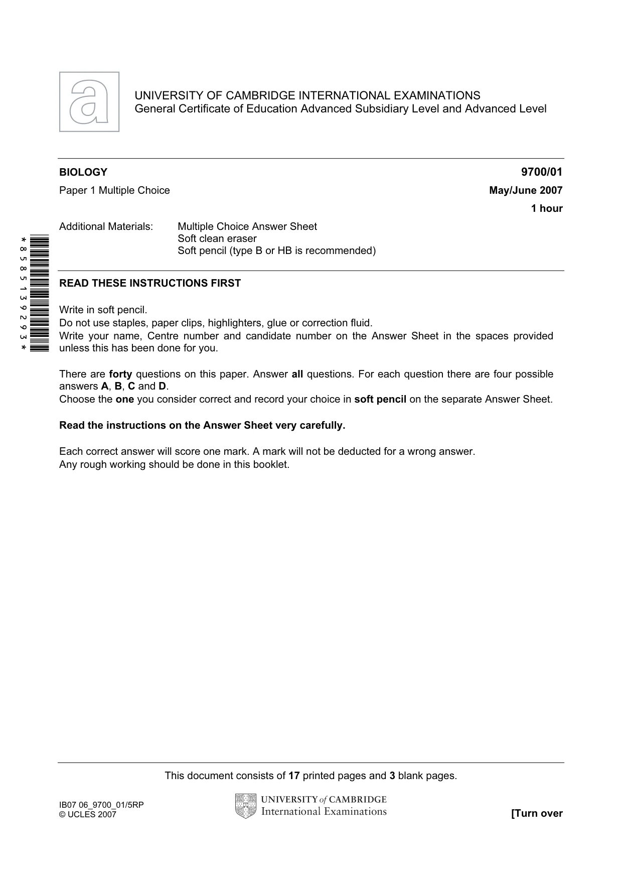 Cambridge A Level Biology 9700 2007 May/June Paper 1 · Variant 1 question paper, page 1 of 20