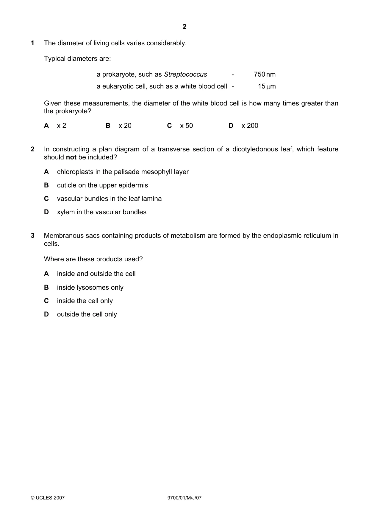 Cambridge A Level Biology 9700 2007 May/June Paper 1 · Variant 1 question paper, page 2 of 20